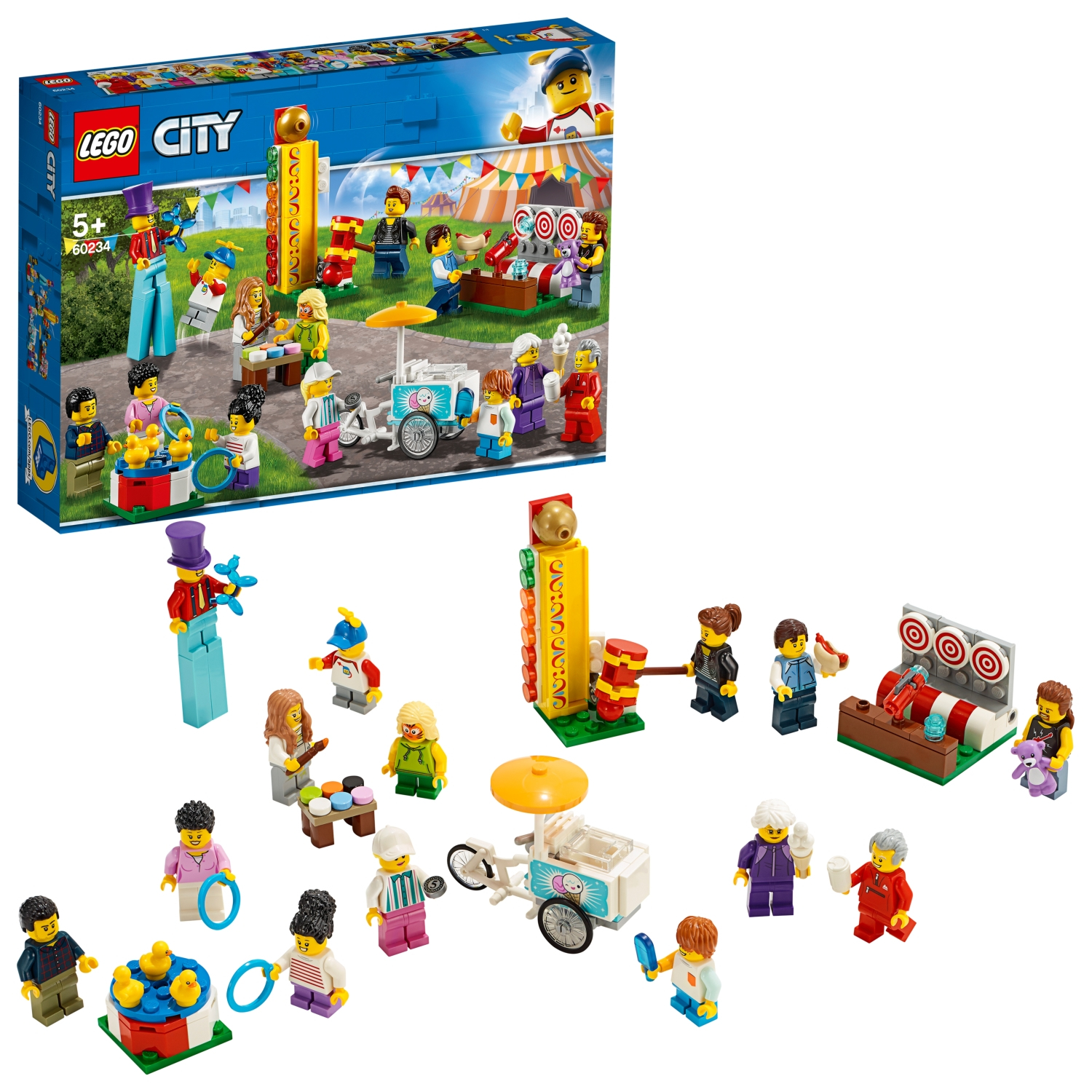 LEGO City Karneval-Set. Enthält Jahrmarktstände, Figuren und ein Riesenrad-ähnliches Gebilde.