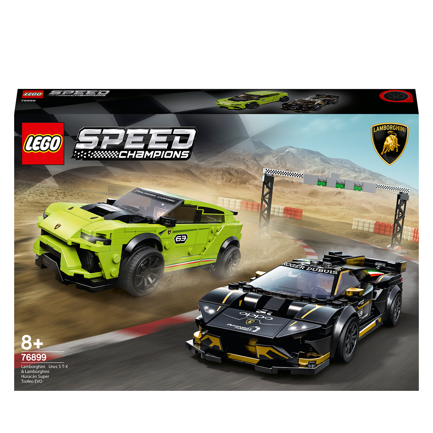 Lego Speed Champions car set. Two Lego cars, a green SUV and a black sports car, with a racing track.