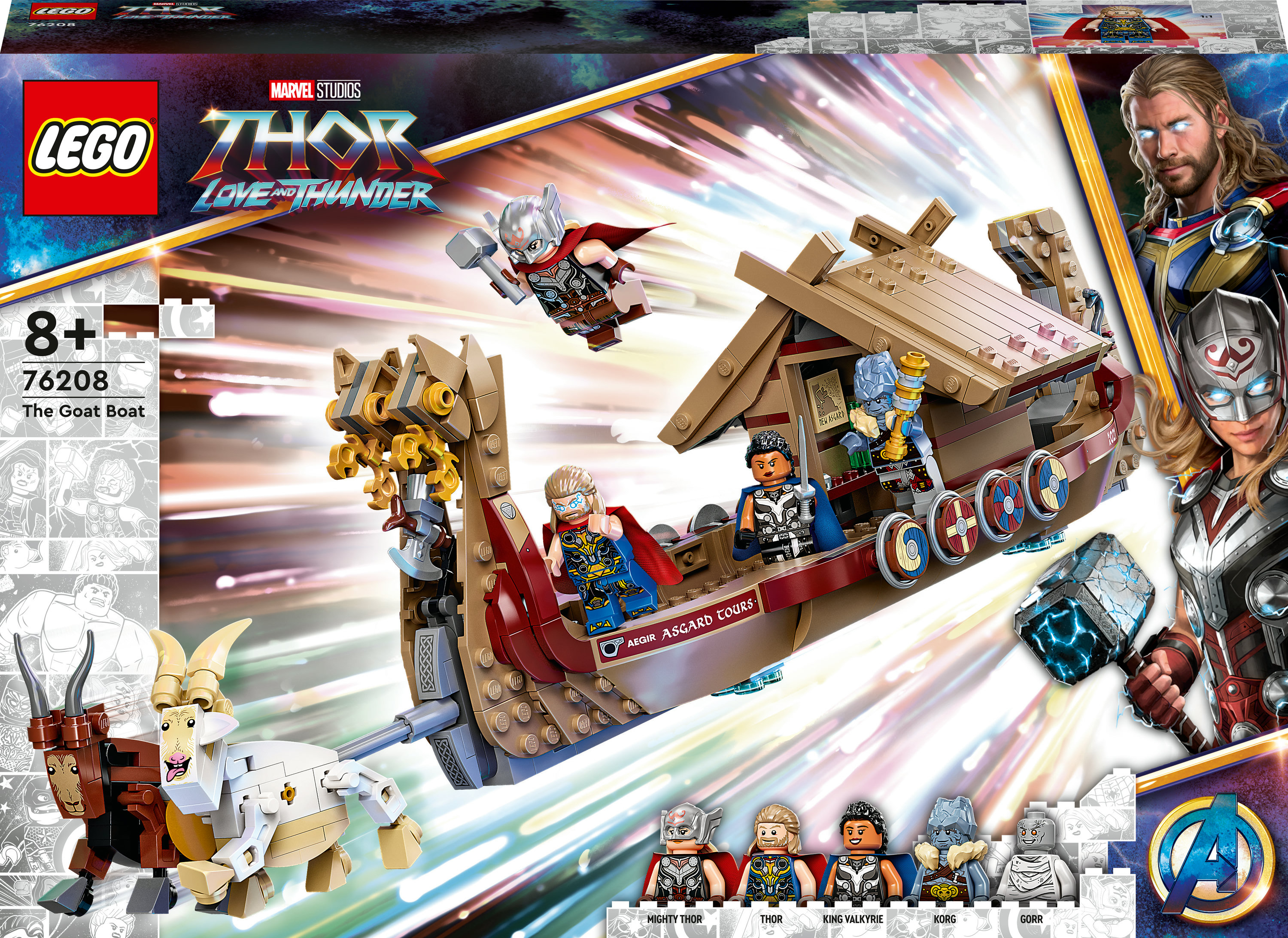 Eine LEGO-Set-Box mit Figuren von Thor, Walküre und anderen. Es gibt ein Boot mit Figuren darin.
