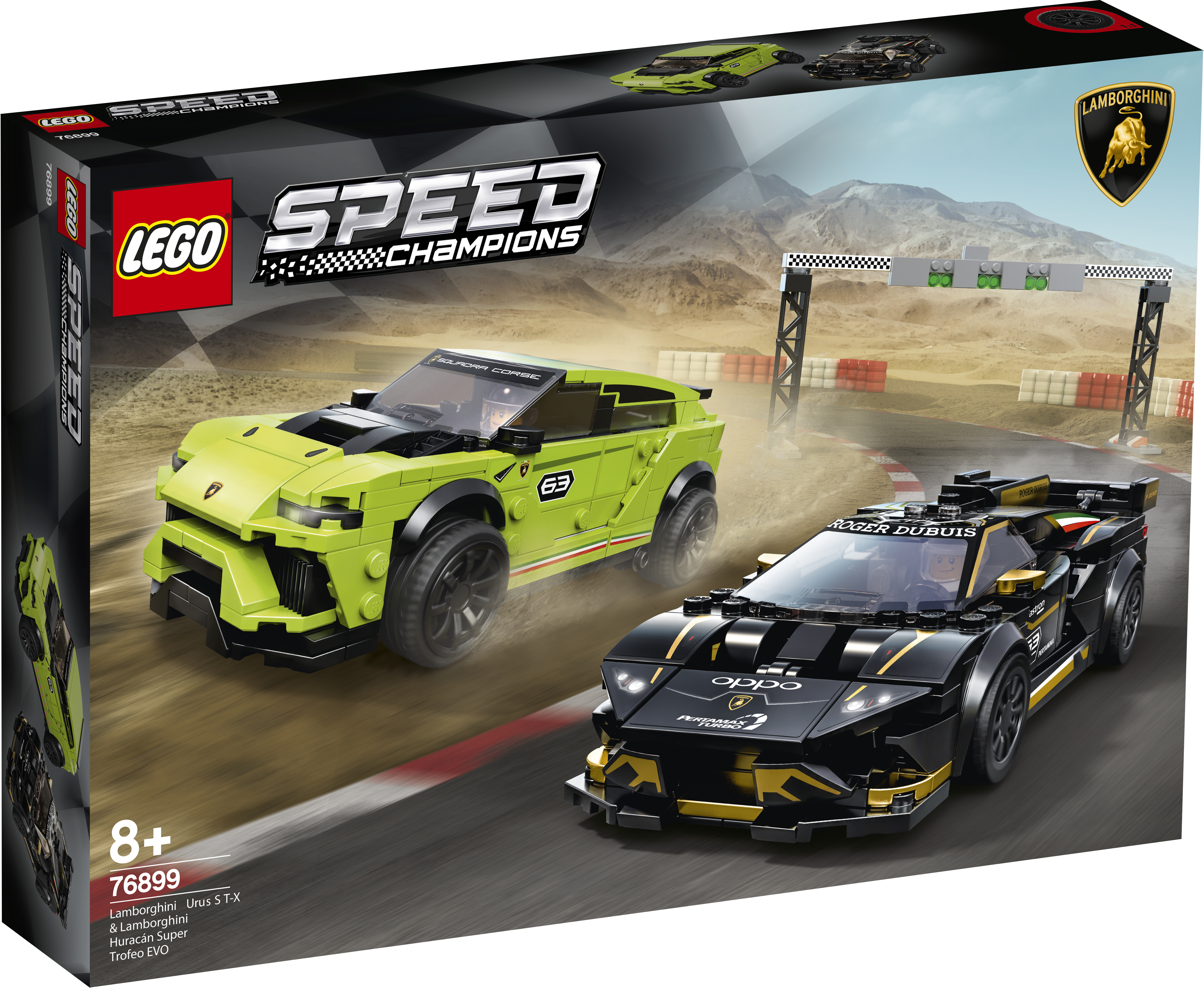 LEGO Speed Champions set with Lamborghini Urus ST-X and Huracán Super Trofeo EVO race cars.