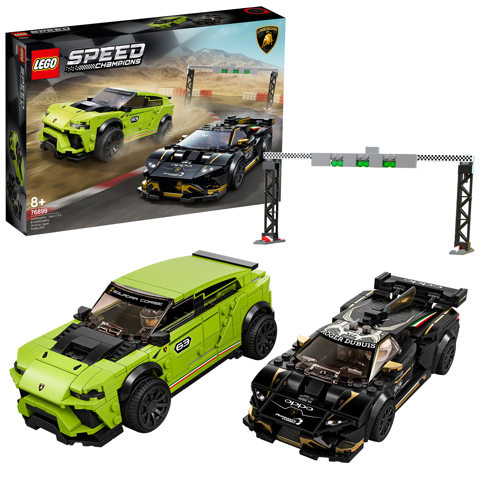 LEGO Speed Champions set with two Lamborghini cars, black and green, on a track. Packaging is visible.