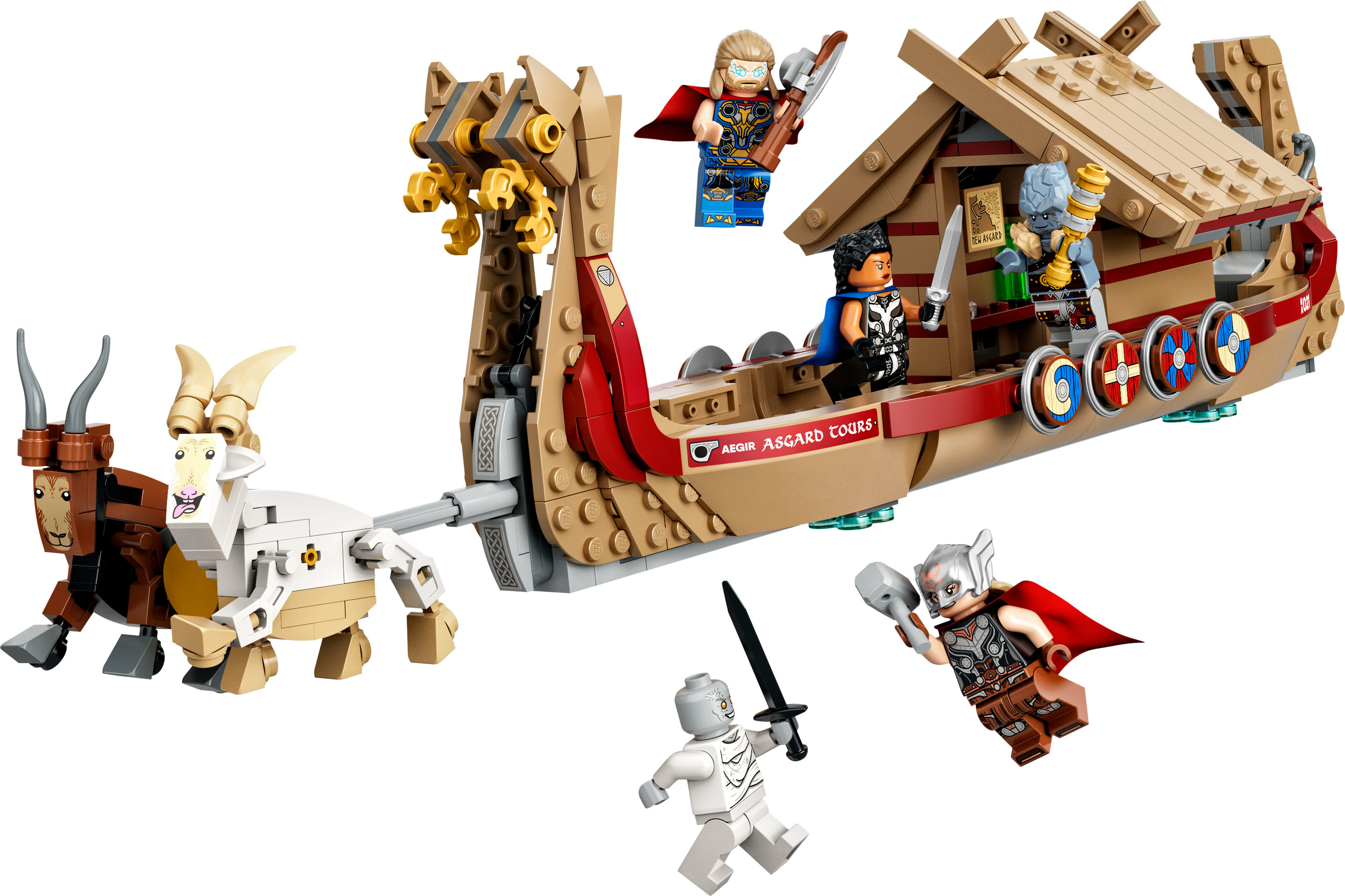Lego Set von Thors Boot mit Figuren und Ziegen, auf weißem Hintergrund. Figuren sind sichtbar.