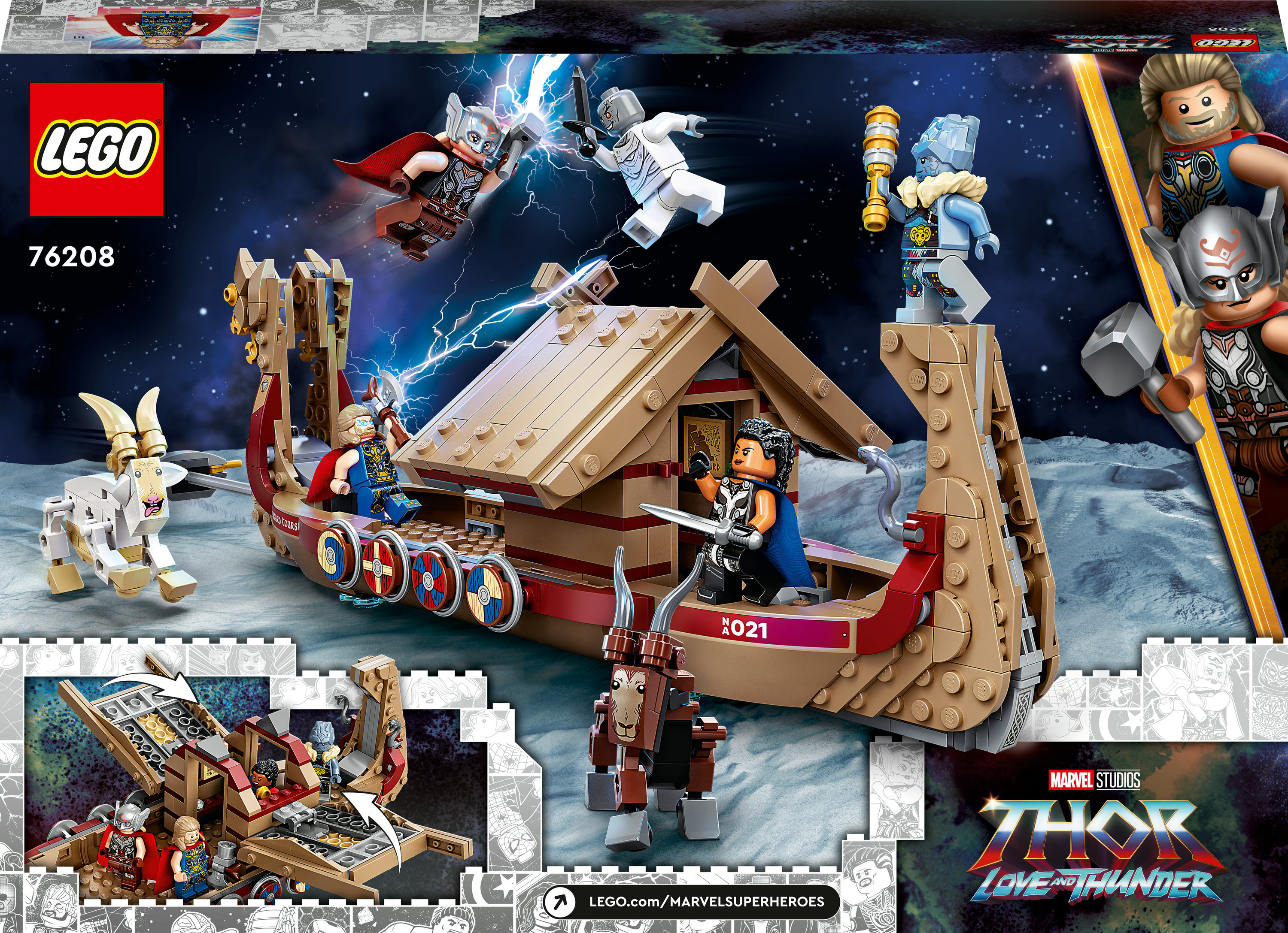 Lego Thor Set-Box mit einem Boot, Figuren und Weltraumhintergrund.