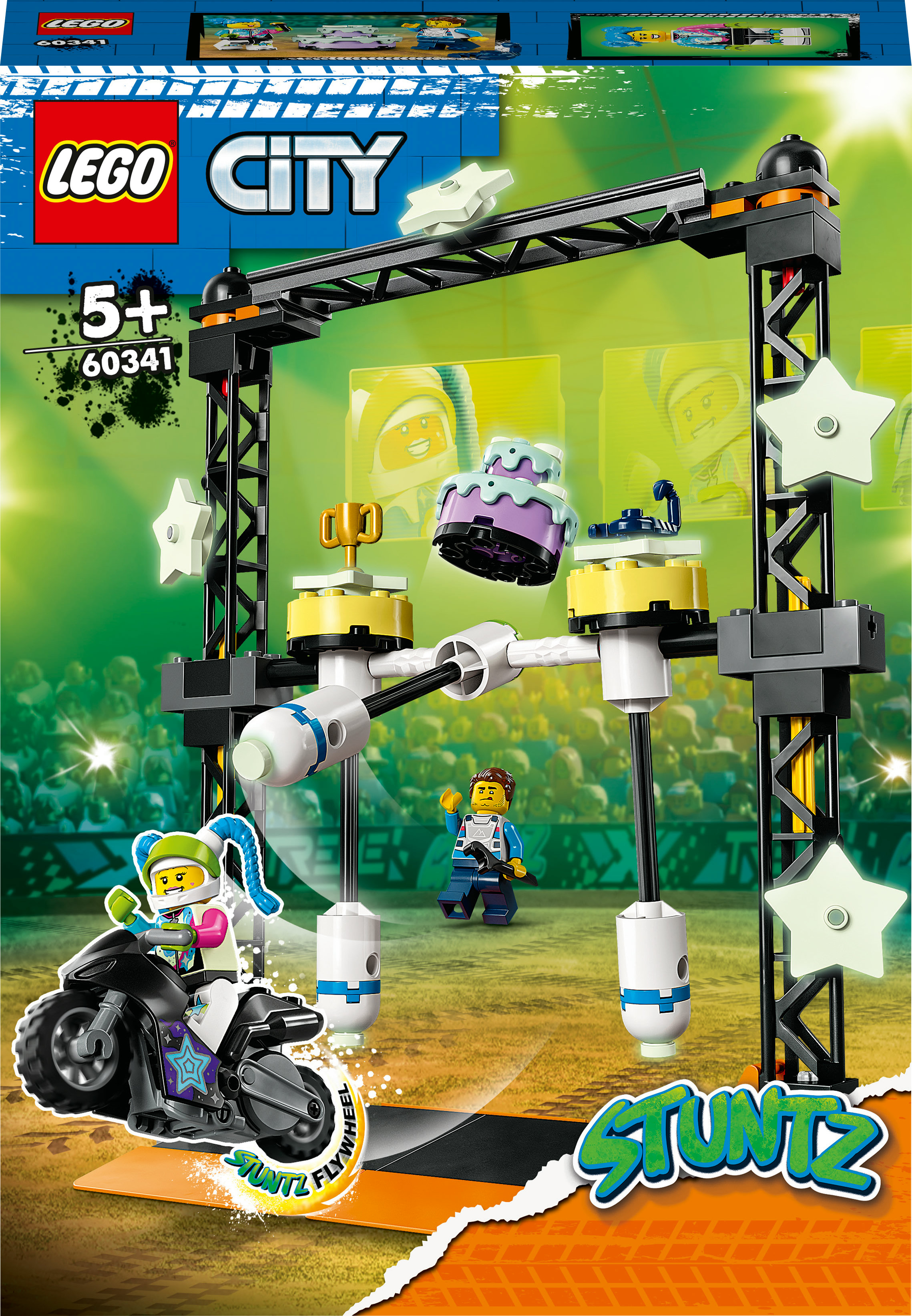 Lego City Stuntz setdoos met een stuntmotor, een helling en een minifiguur.