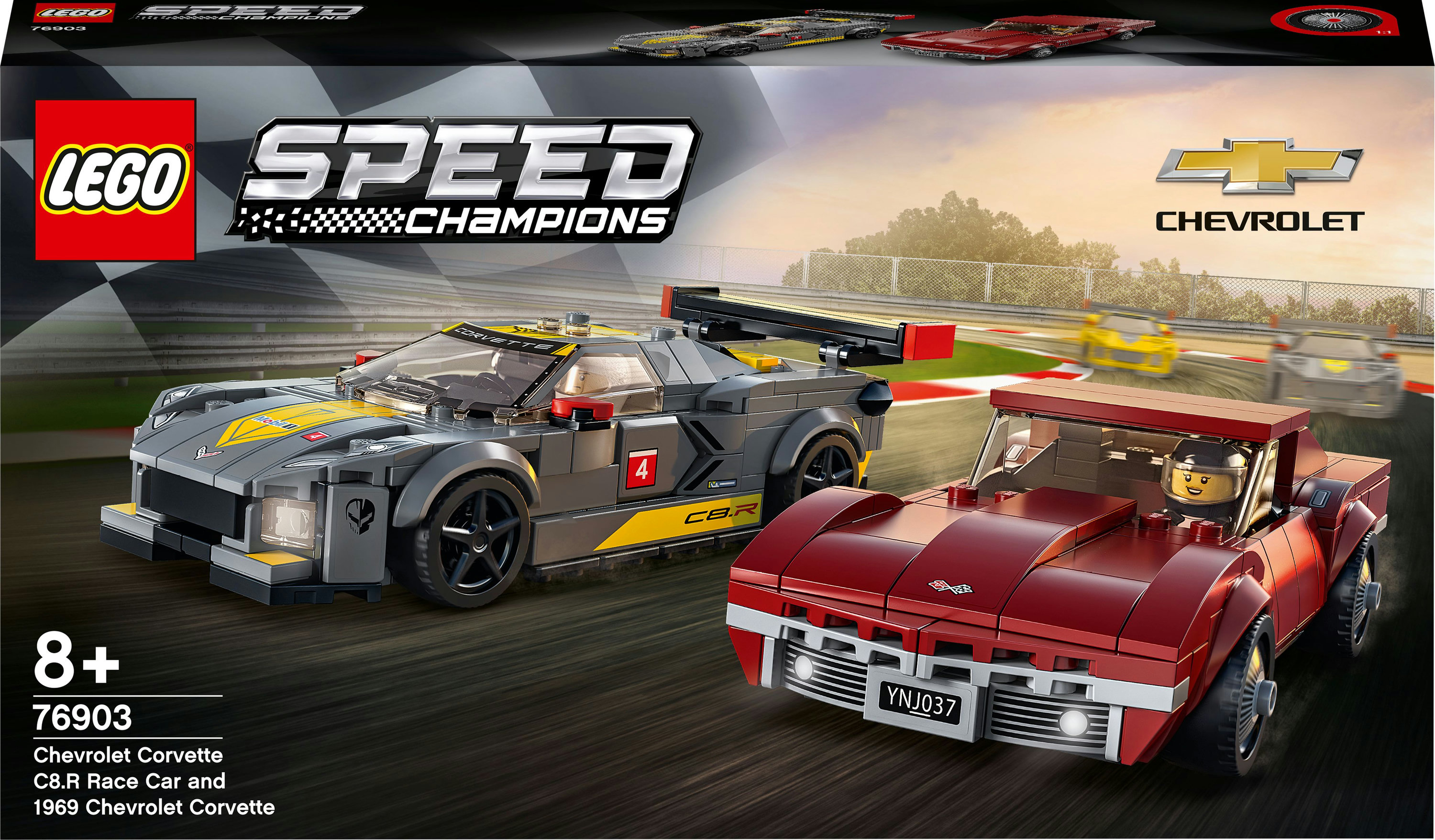 Lego Speed Champions Set mit grauen und roten Chevrolet Corvette Autos.