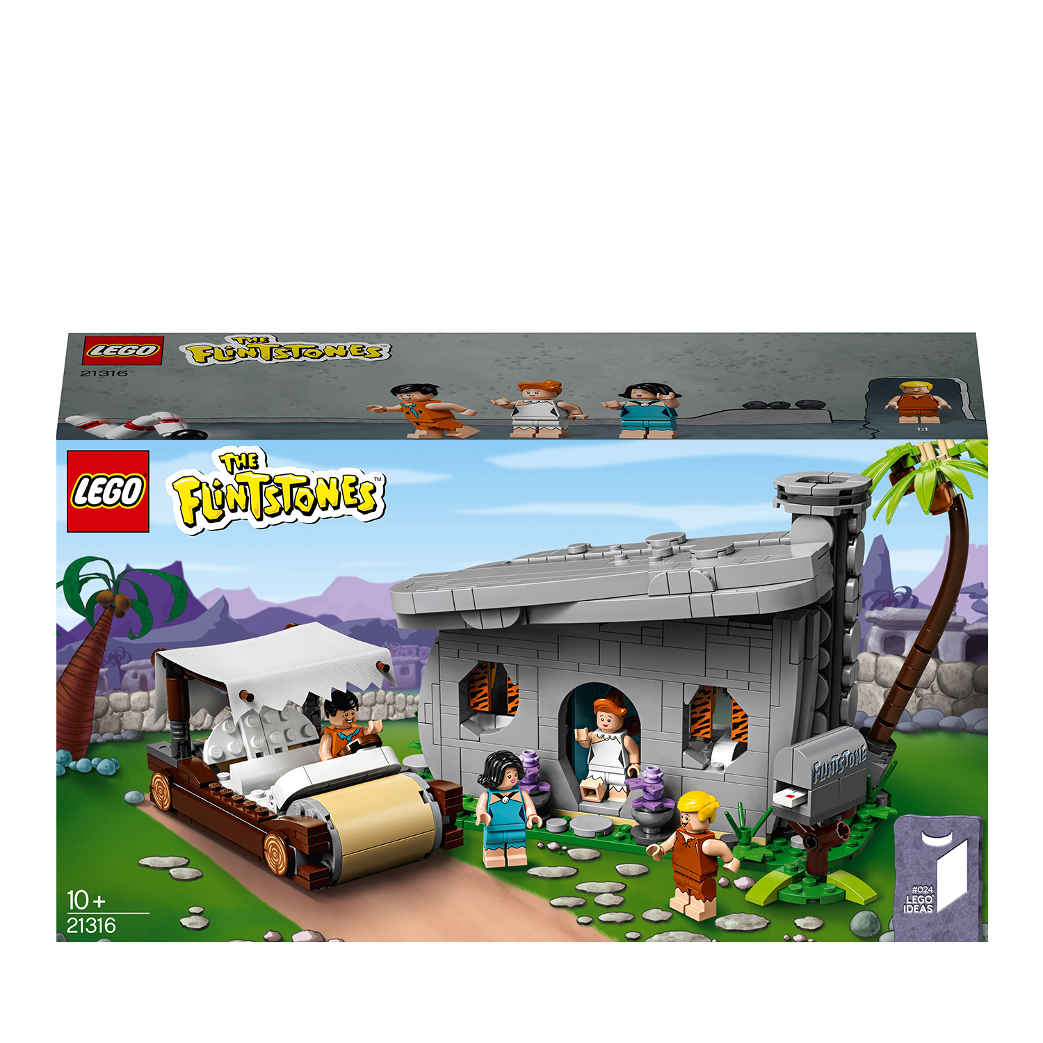 Zestaw Lego The Flintstones. Przedstawia dom Flinstonów z figurkami i samochodem.