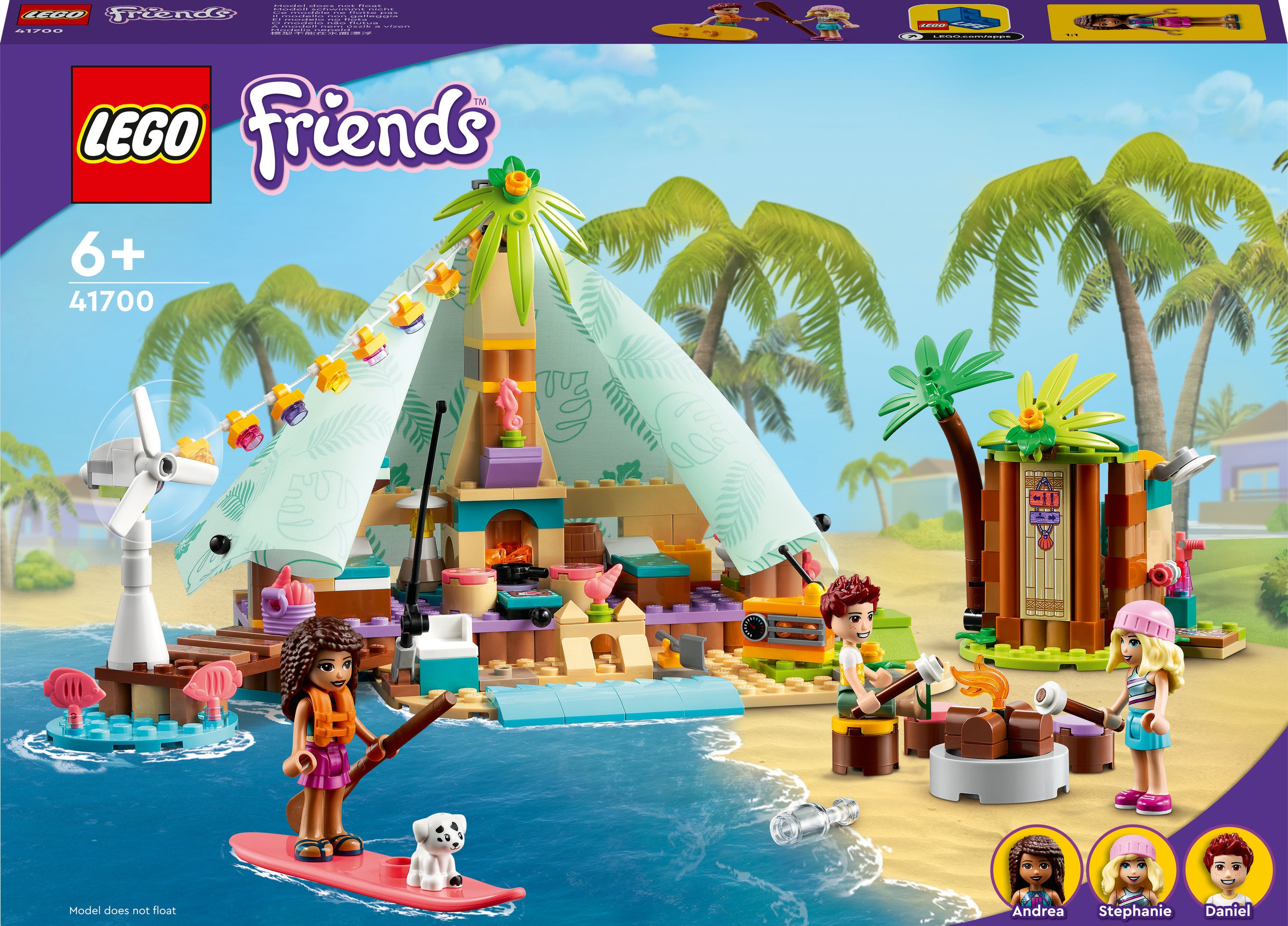 Lego Friends Set: Strandszene mit Zelt, Figuren und Zubehör an einem sonnigen Tag.