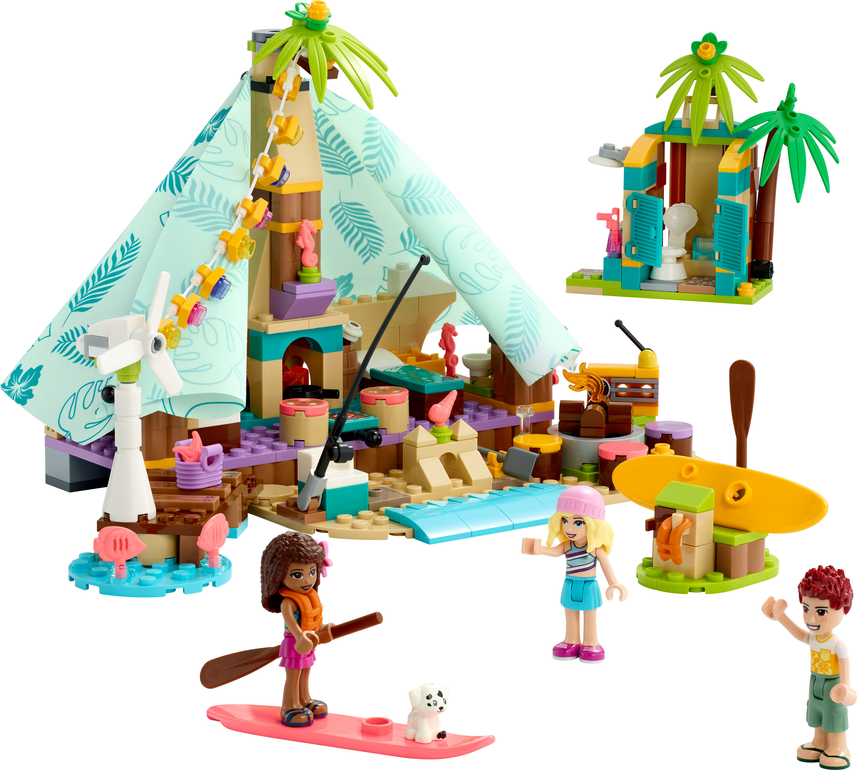 Lego Friends Set mit einer Strandszene. Enthält Zelt, Figuren und diverses Zubehör.