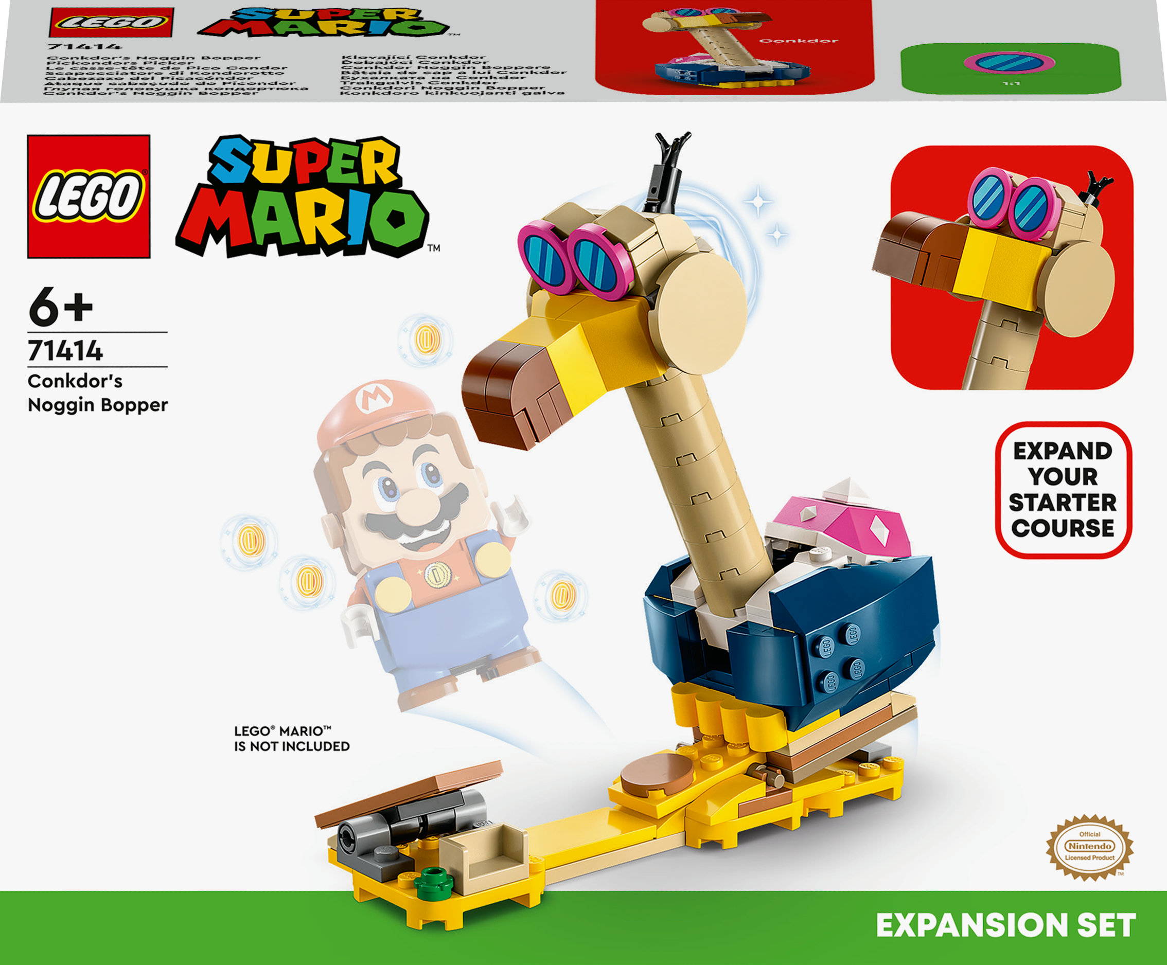 Lego Super Mario Set mit Conkdors Noggin Bopper. Die Box zeigt Mario und Details des Erweiterungssets.