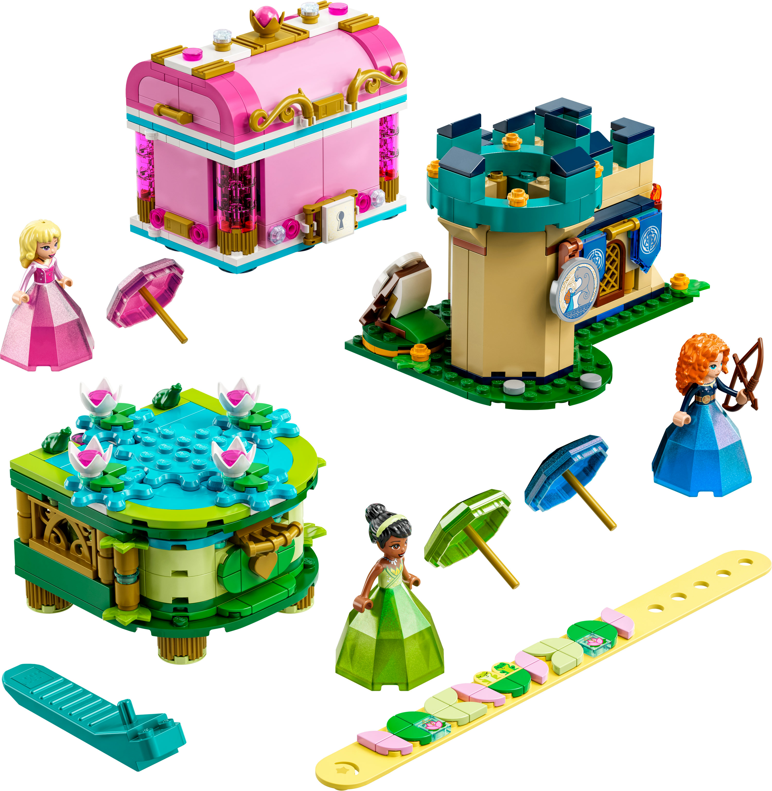 LEGO Prenses setleri, küçük figürler, binalar ve sandıklar ve şemsiyeler gibi aksesuarlar içerir.