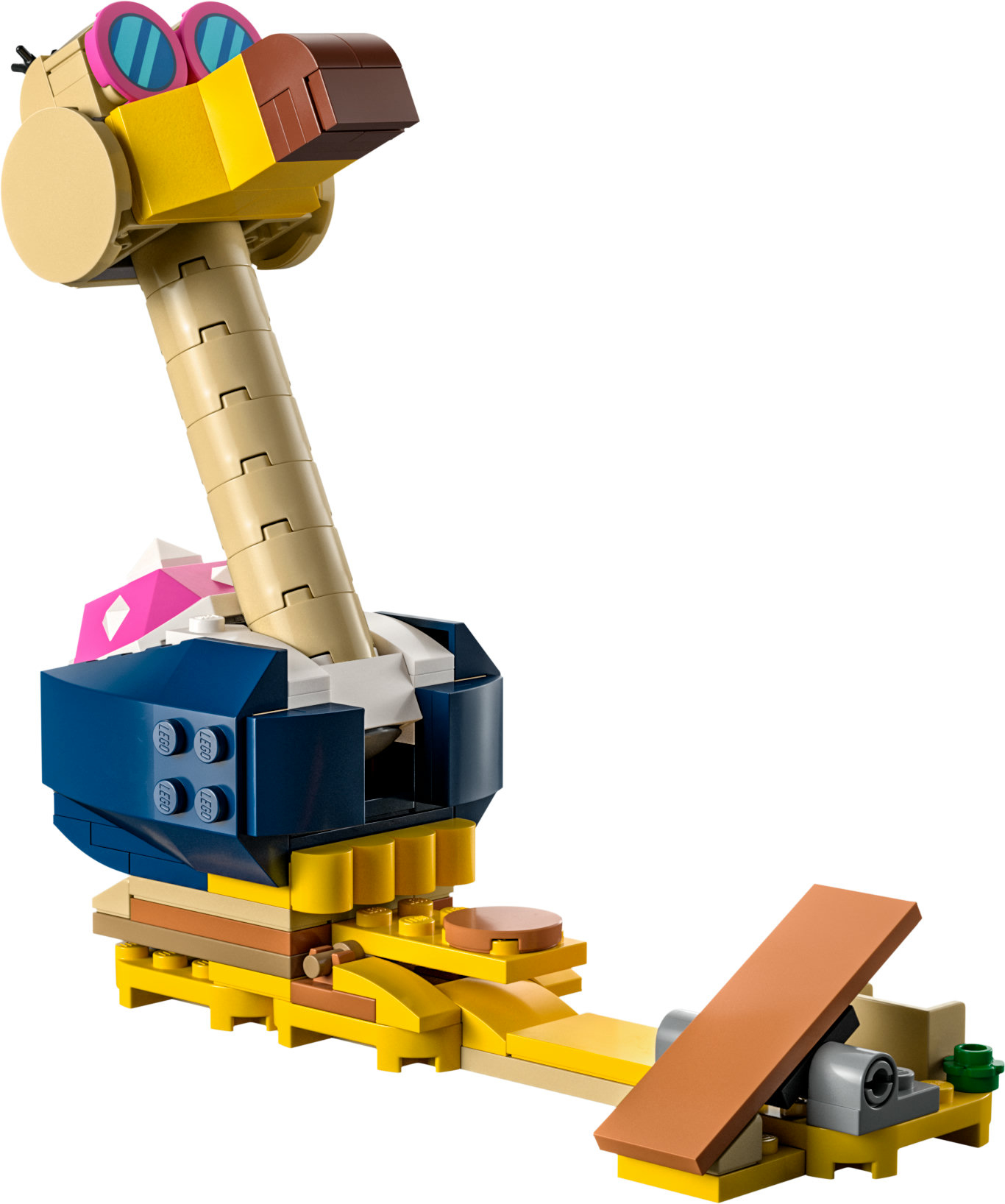 Eine Lego-Vogelfigur mit langem Hals und Sonnenbrille, gelben und braunen Farben.