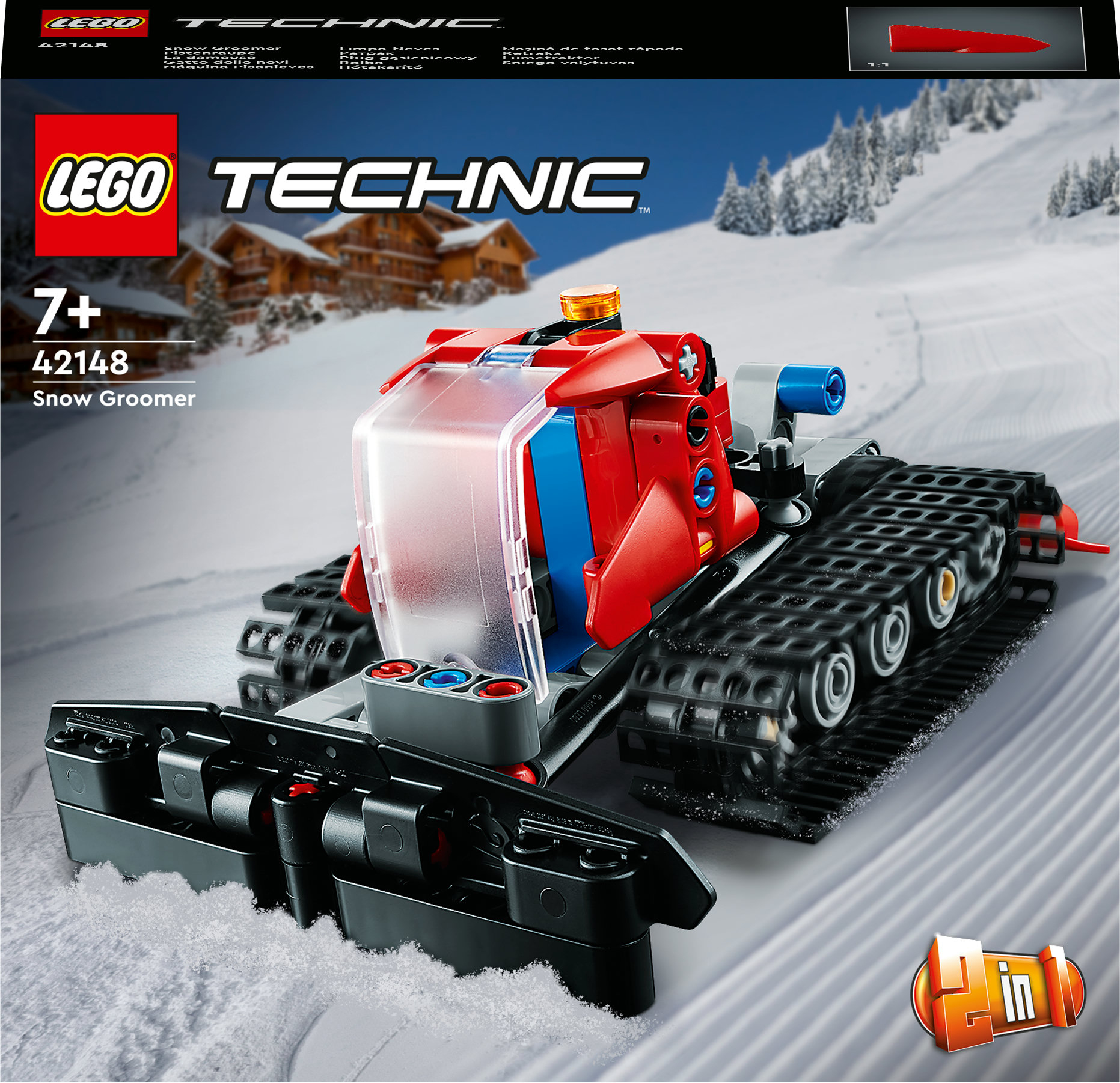 Set Lego Technic Snow Groomer, rosso e blu, su sfondo innevato con la scatola.