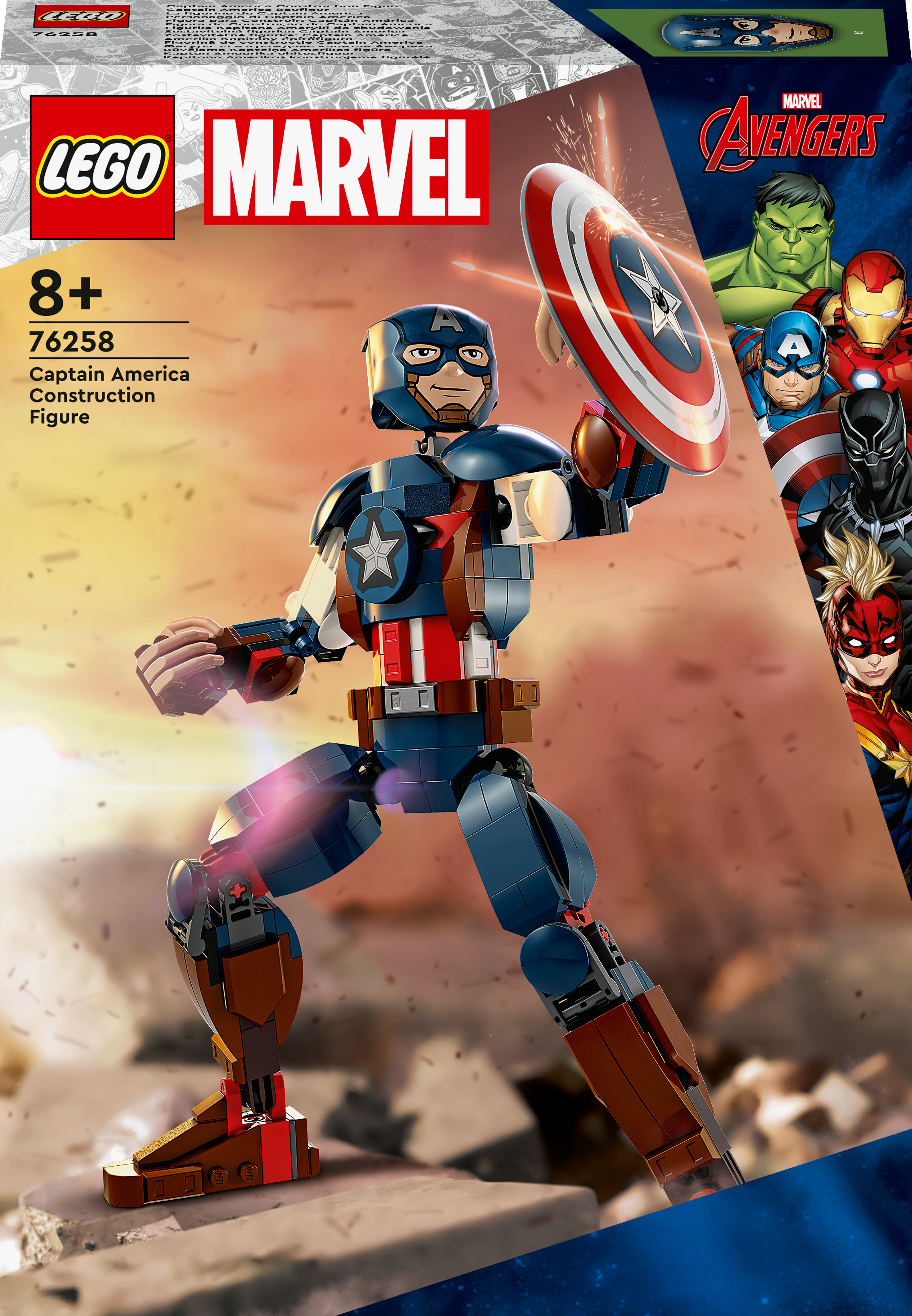 LEGO Marvel Captain America Bausatzfigur in dynamischer Pose, auf einer Box mit Avengers-Charakteren.