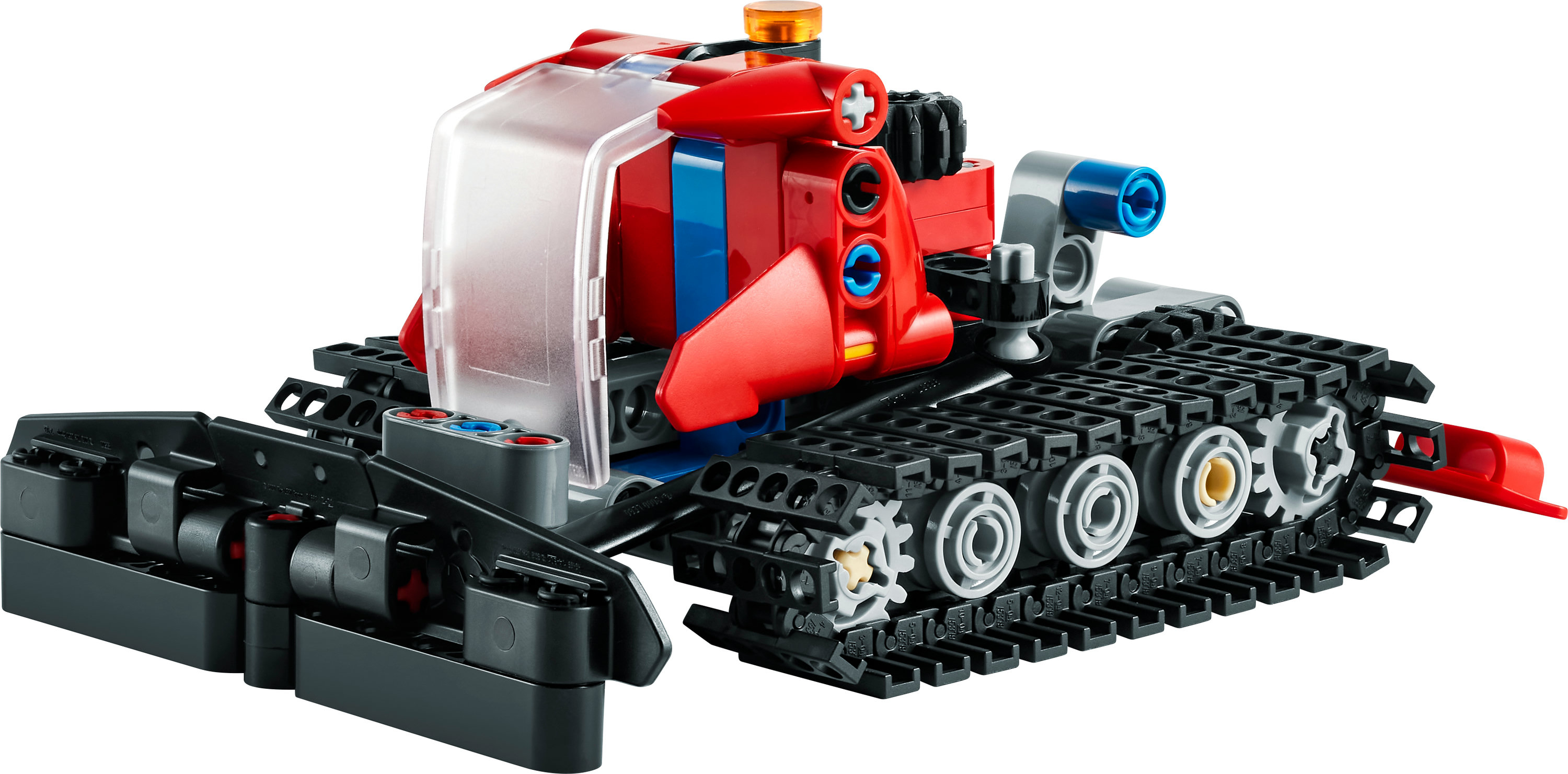 Giocattolo Lego rosso e nero di gatto delle nevi con cingoli.