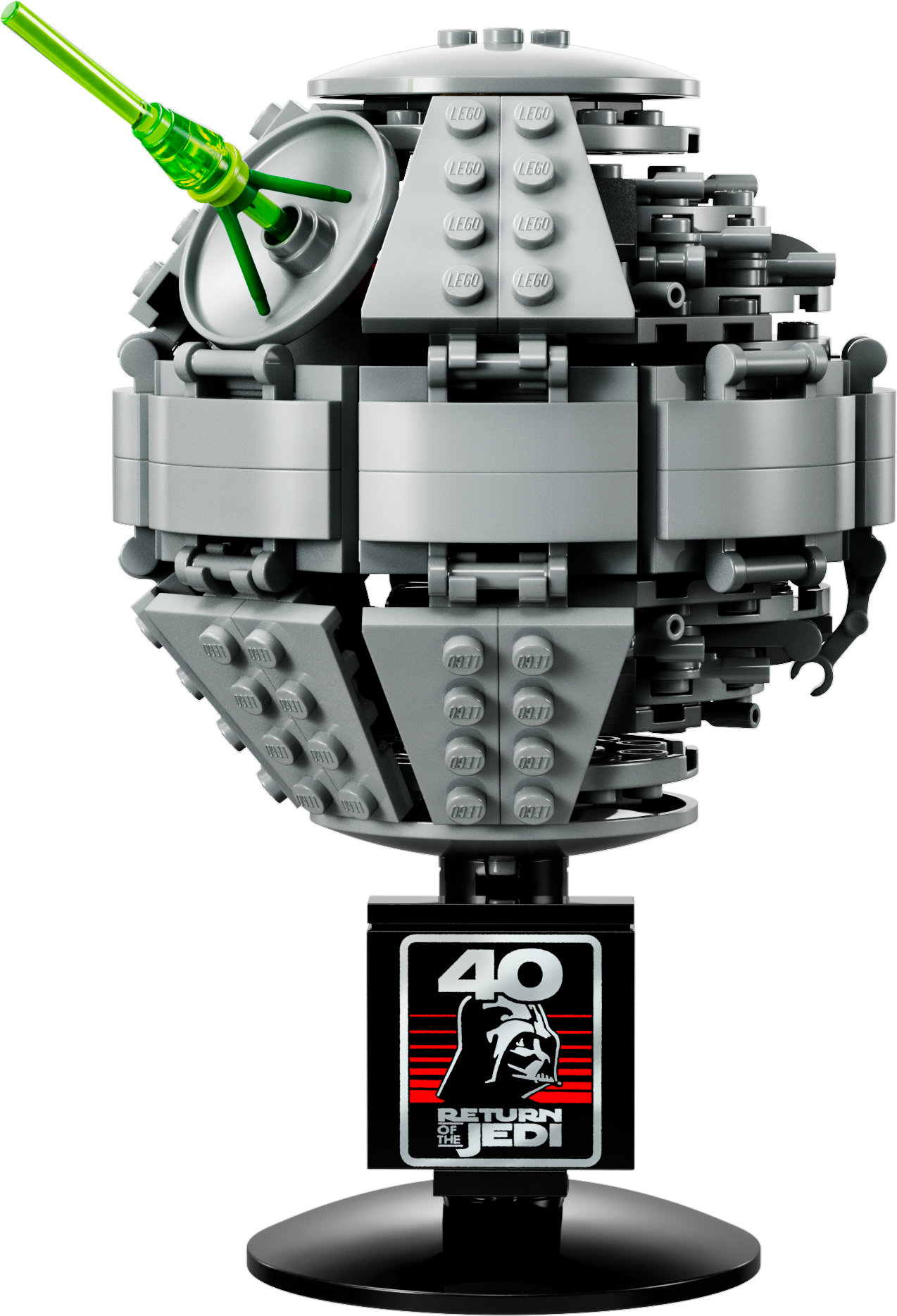 Un modello Lego Morte Nera con un laser verde. Un supporto nero ha il logo di Darth Vader.
