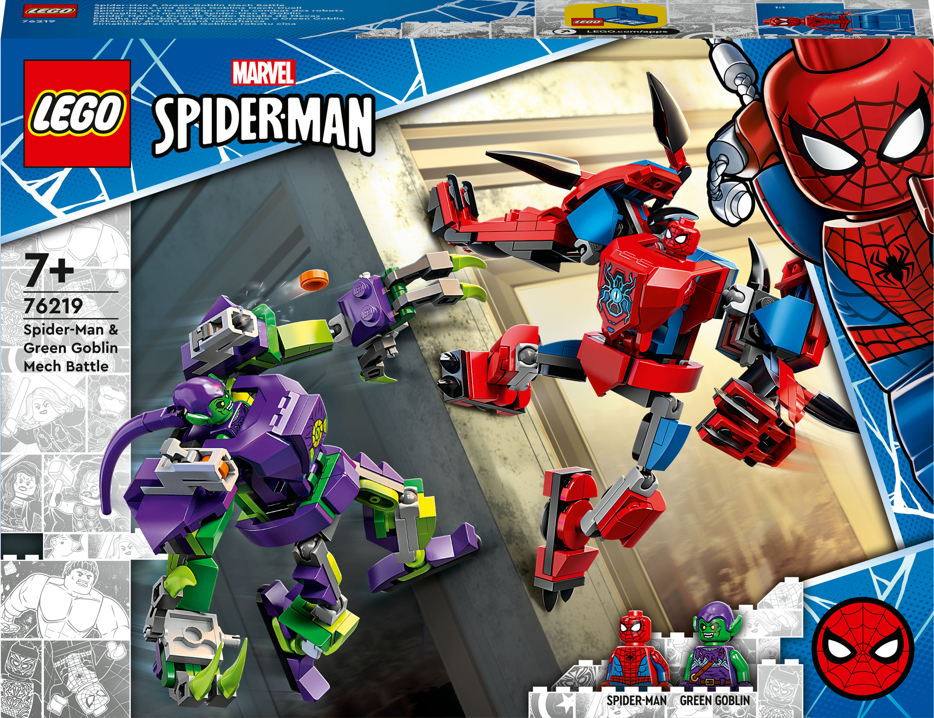 Lego Marvel Örümcek Adam ve Yeşil Goblin Mech Savaşı seti. Kutuda iki karakter aksiyon halinde.