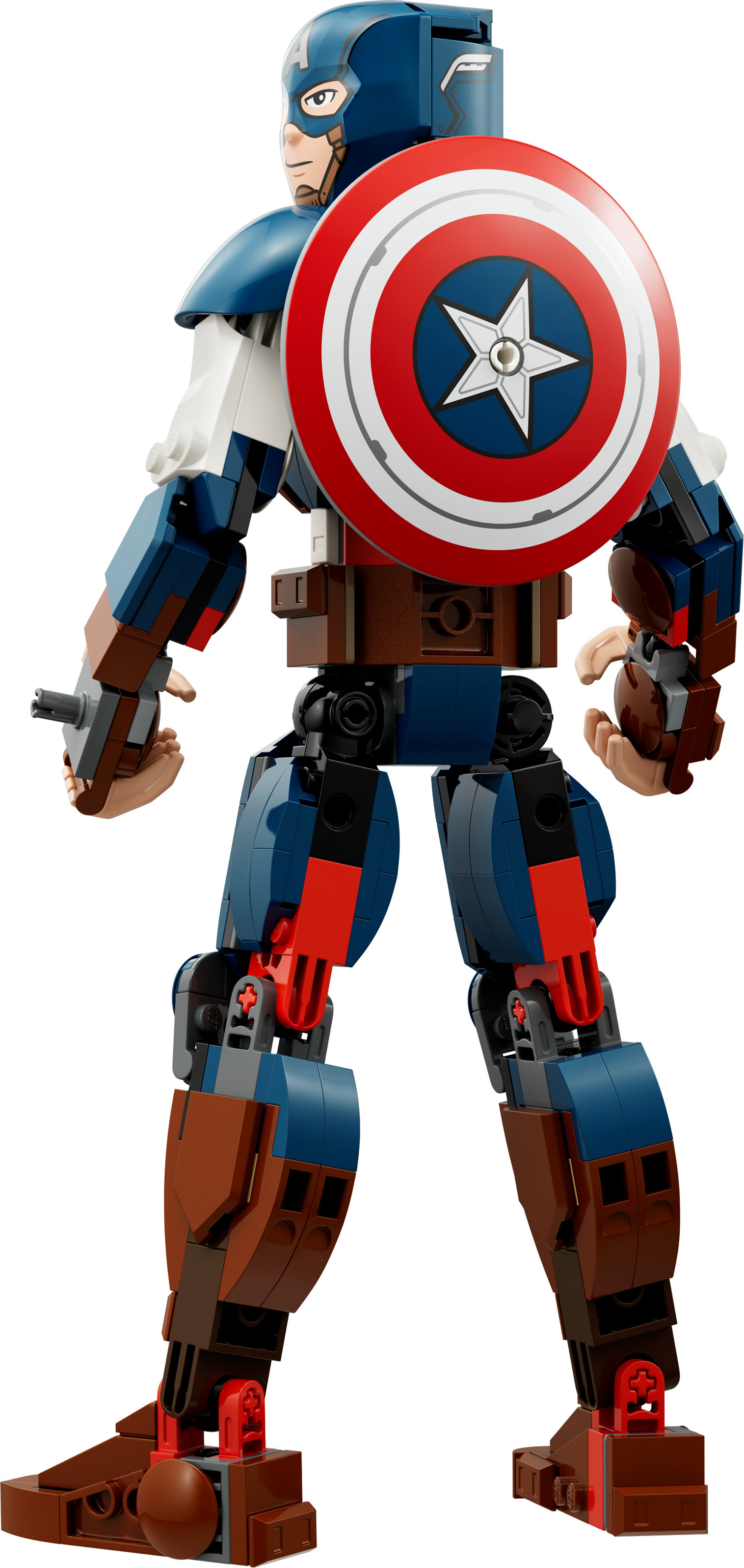 Eine Lego Captain America Figur mit Schild. Die Figur steht auf weißem Hintergrund.