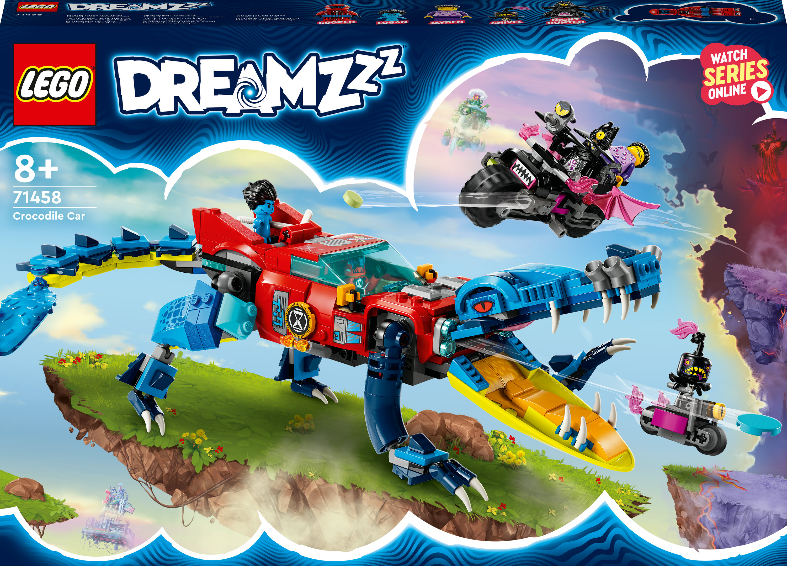 Scatola del set Lego Dreamzzz: un'auto coccodrillo, una moto con figure, contro un cielo blu e isole fluttuanti.