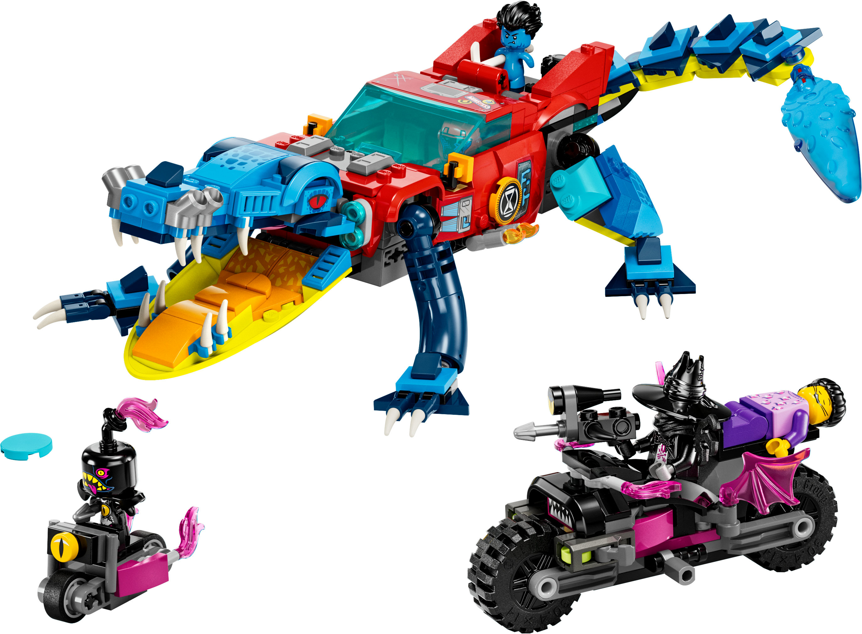 Set Lego con un veicolo simile a un monster truck rosso e blu e due set di moto con figurine.
