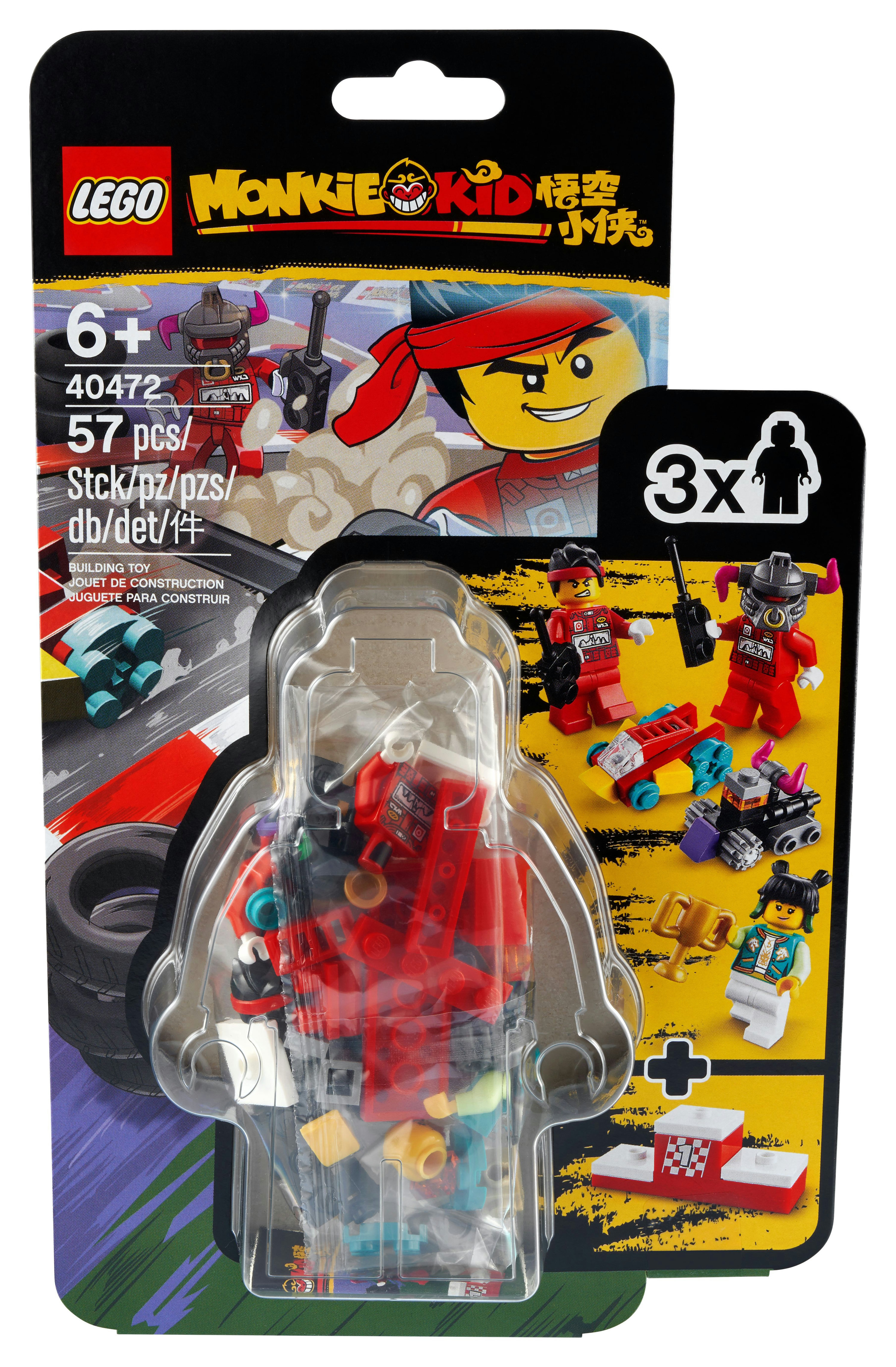 Set Lego Monkie Kid in una confezione trasparente. Mostra un personaggio Monkie Kid e un veicolo rosso.