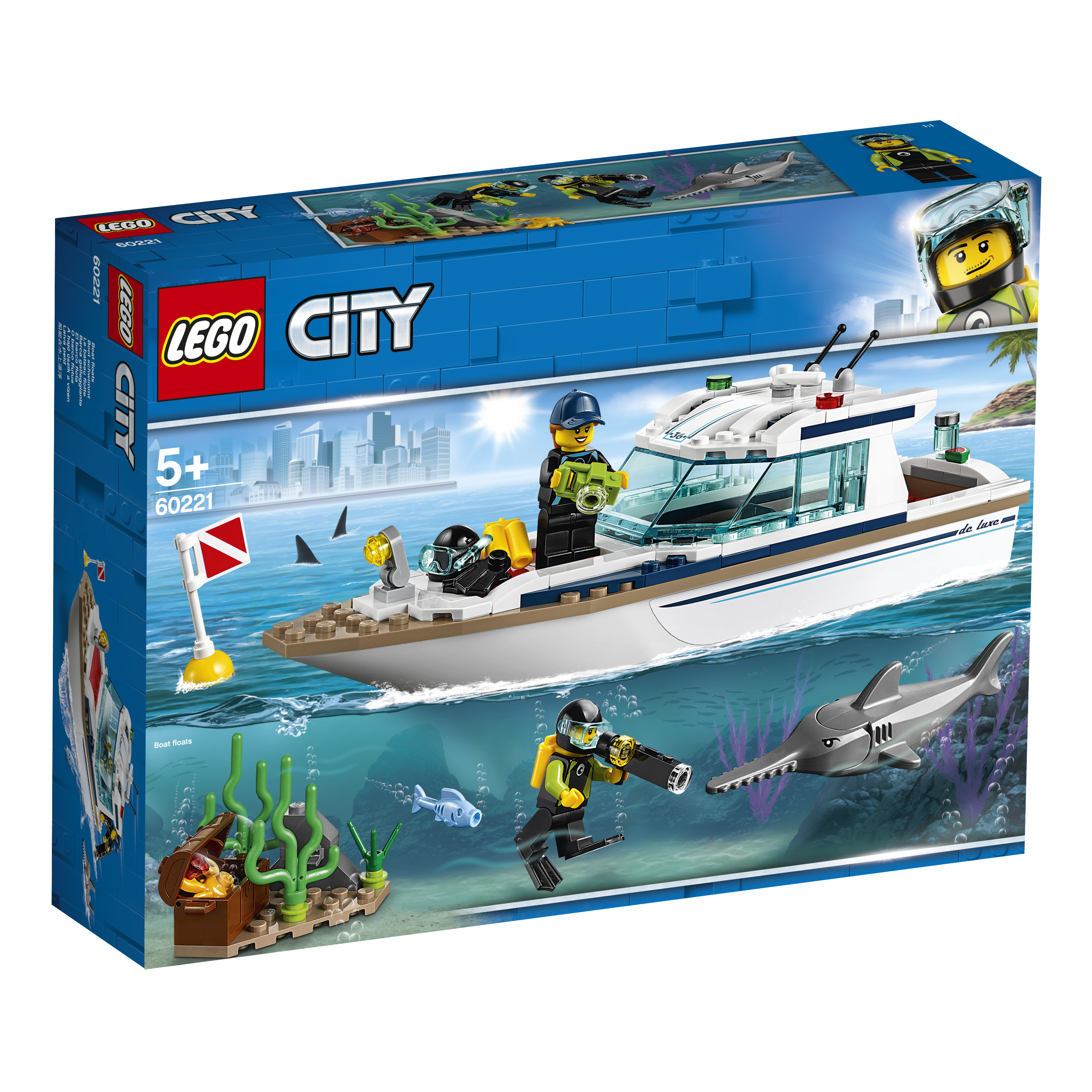 Lego City boot set met een politieboot, een duiker en een haai.