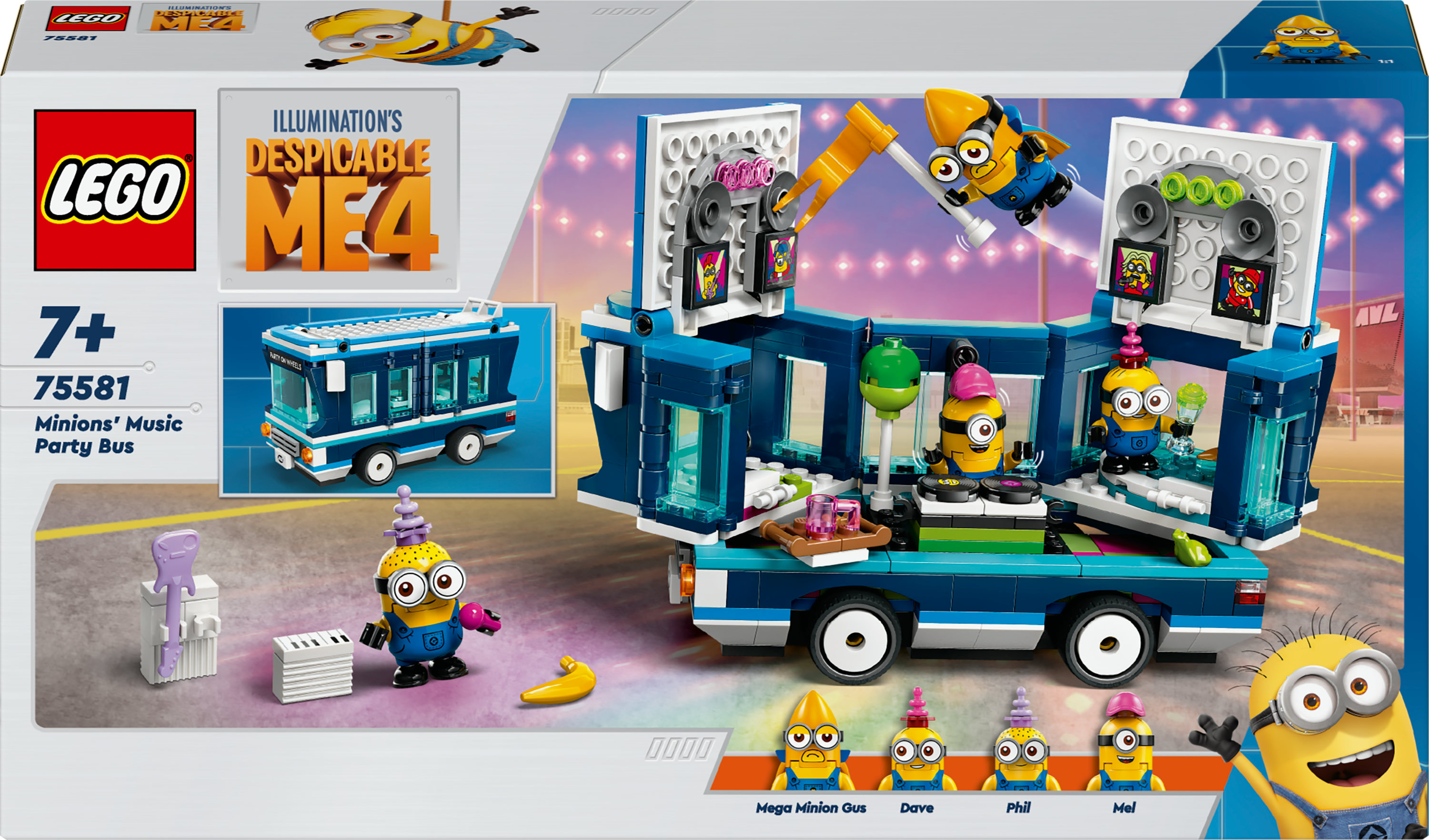 Lego-Box: Minions' Music Party Bus. Bunter Bus mit Minions-Charakteren.