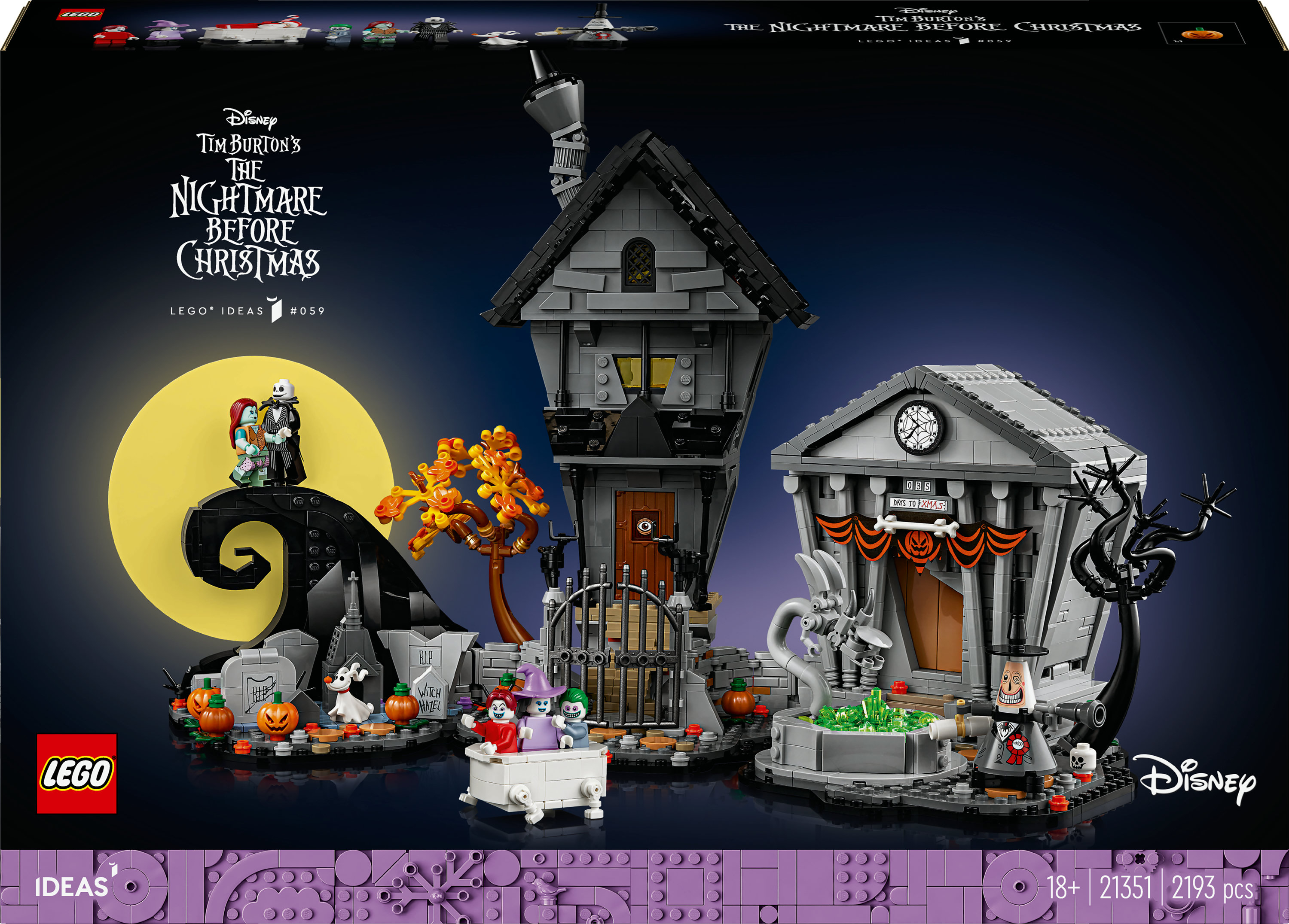 Boîte du set LEGO The Nightmare Before Christmas. Elle montre la ville avec des personnages du film. Fond bleu.