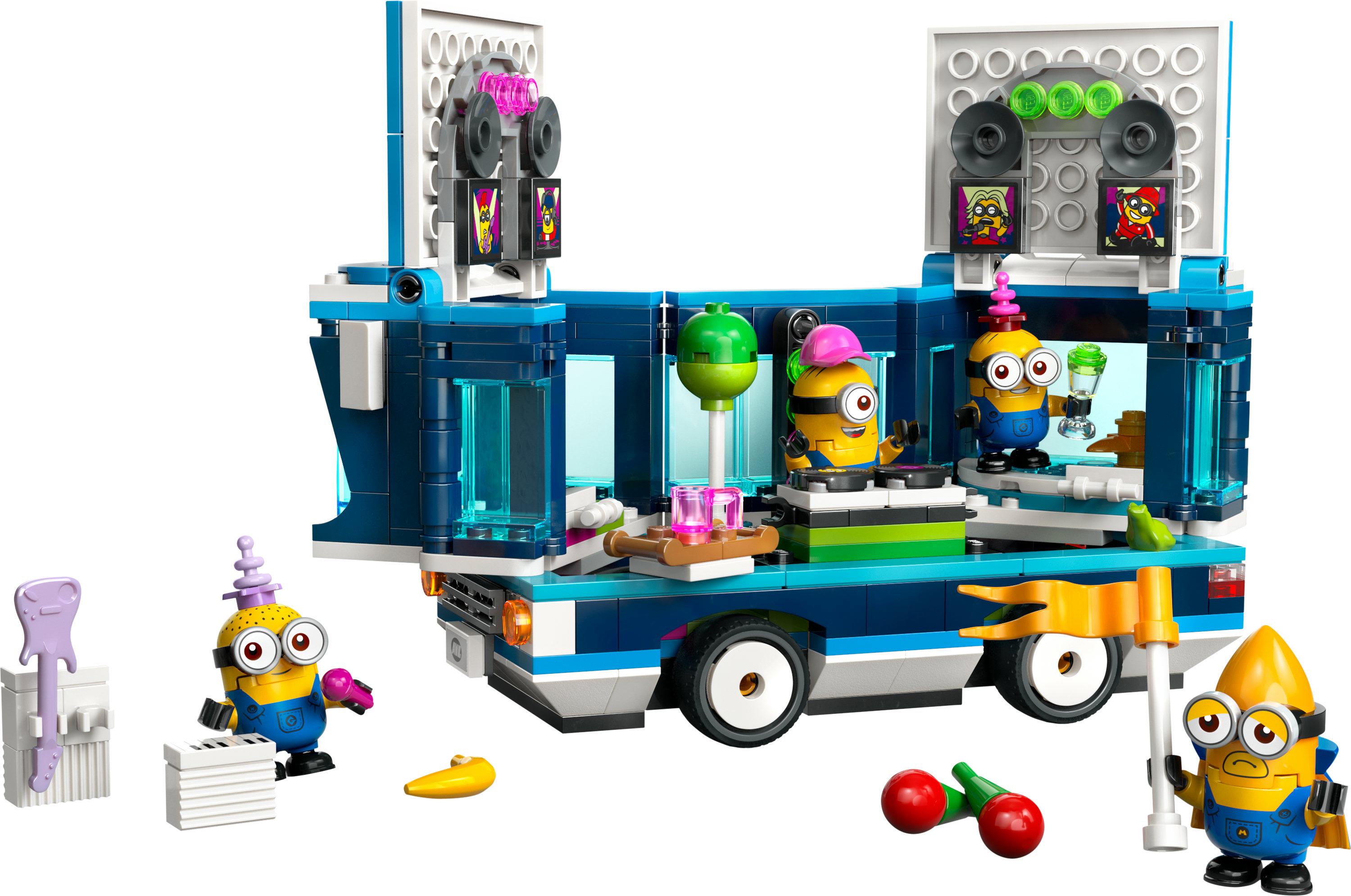 LEGO Minions Set, ein Party-Truck mit Minions, einem DJ, Lautsprechern und Musikinstrumenten.