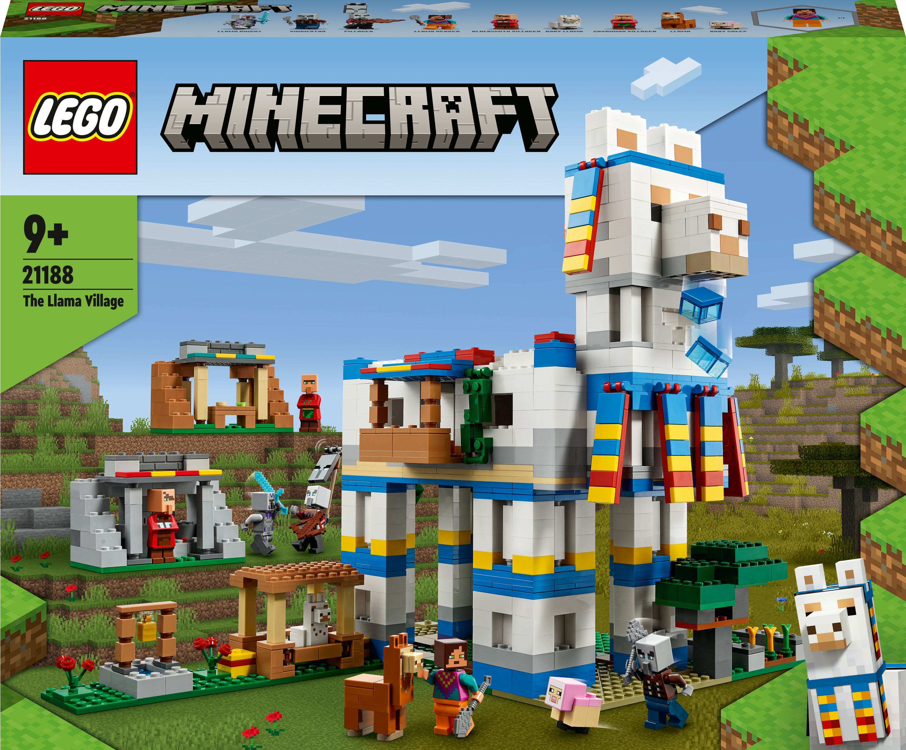 LEGO Minecraft Set: Das Lama Dorf. Große Lama-Struktur, Figuren, und Dorf-Elemente.
