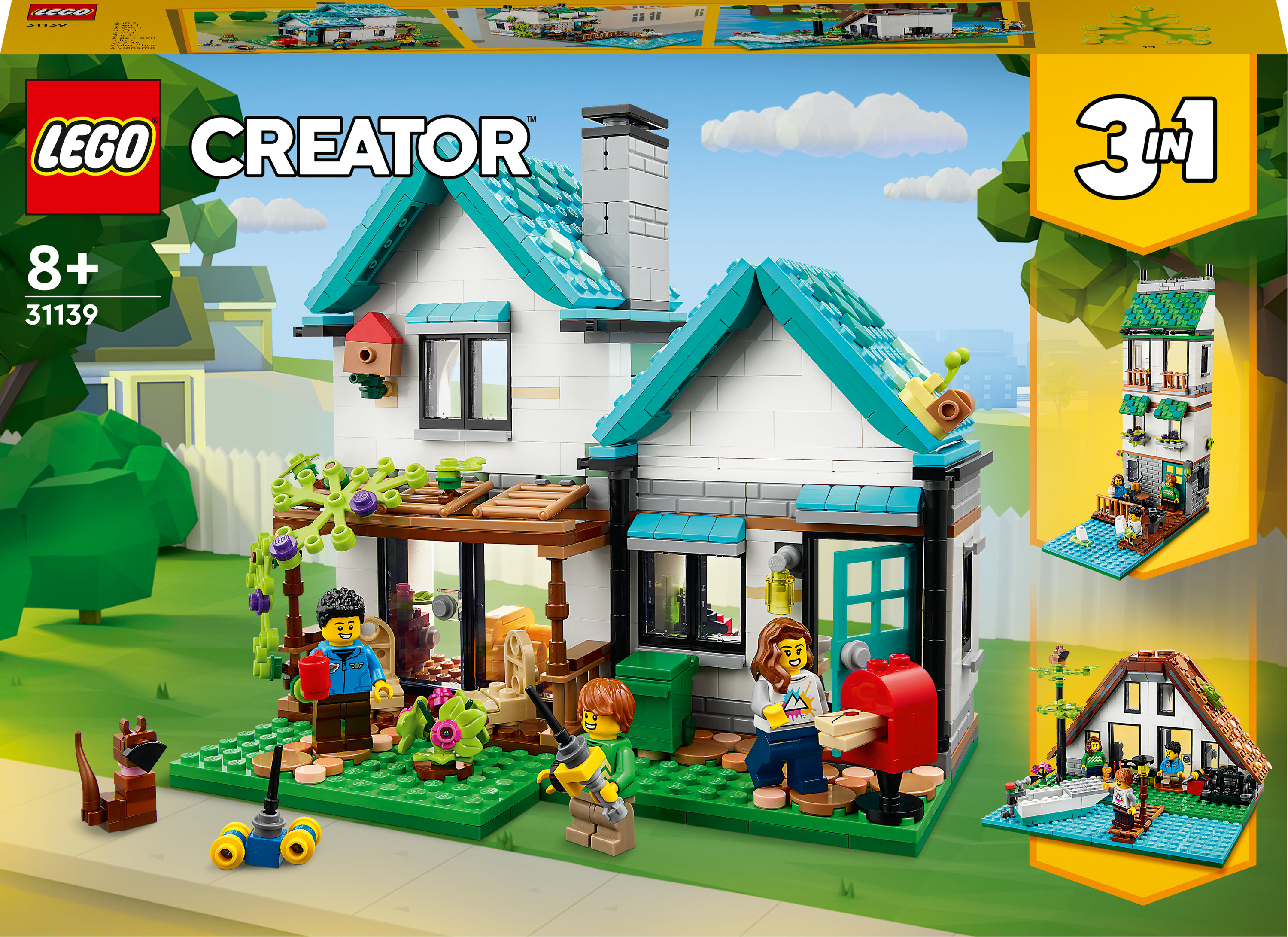 Set scatola LEGO Creator. Una casa a due piani con figure davanti. Immagini aggiuntive mostrano due varianti di casa.