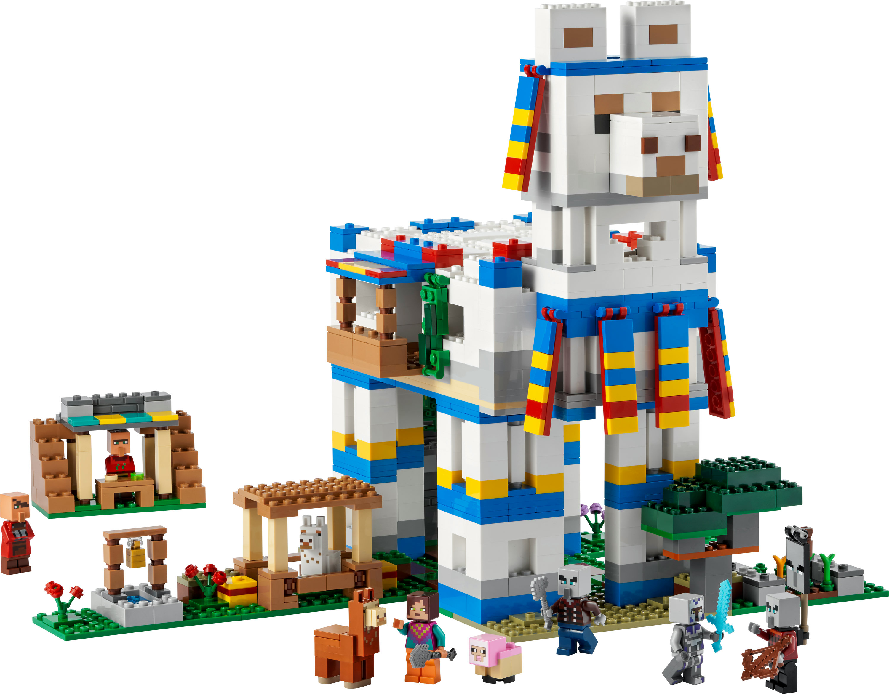 LEGO Minecraft Lama-Set. Zeigt eine große Lama-Struktur, Figuren und andere Minecraft-Elemente.
