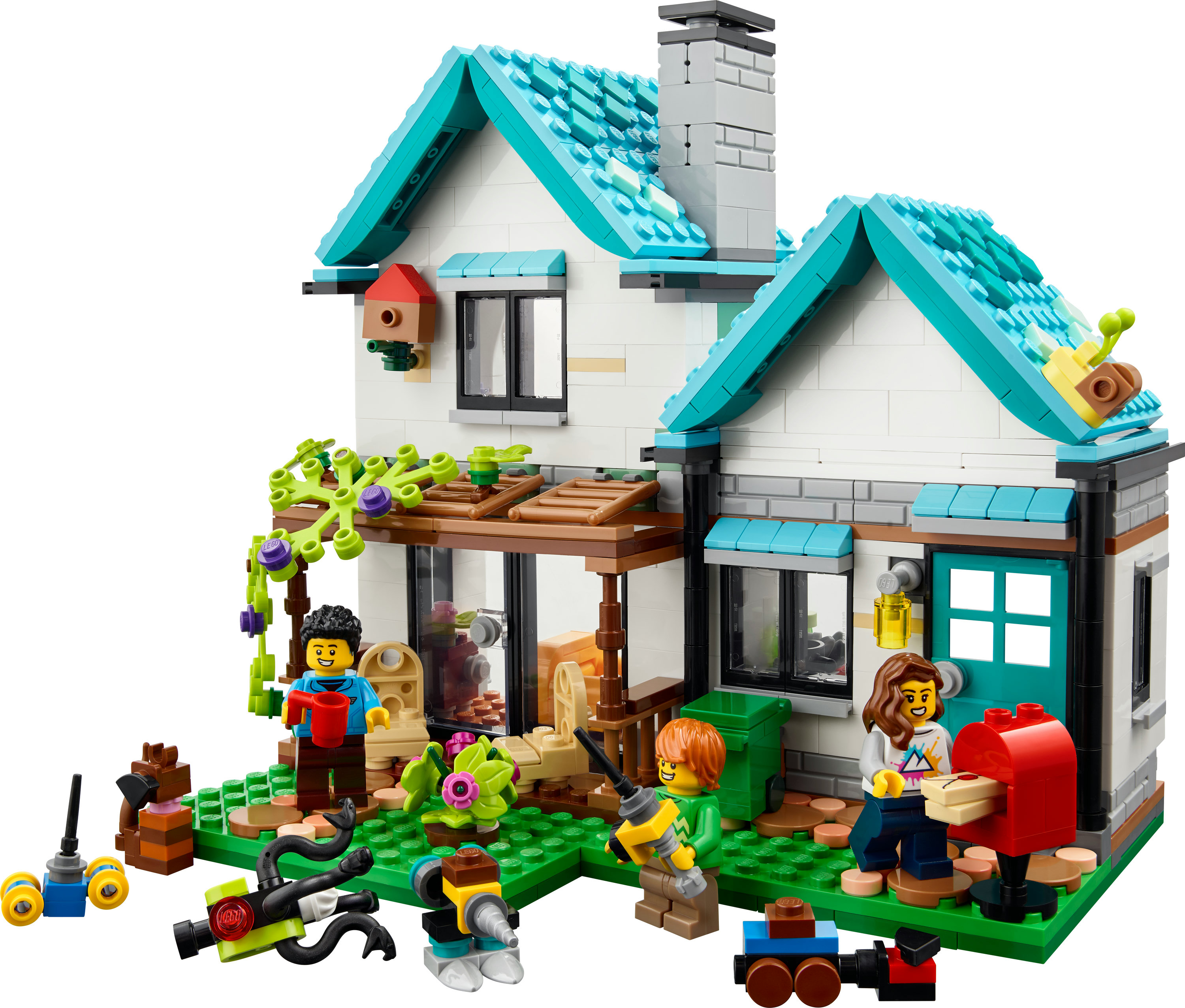 Un set Lego casa con figure che giardinano, una cassetta postale e una casetta per uccelli.