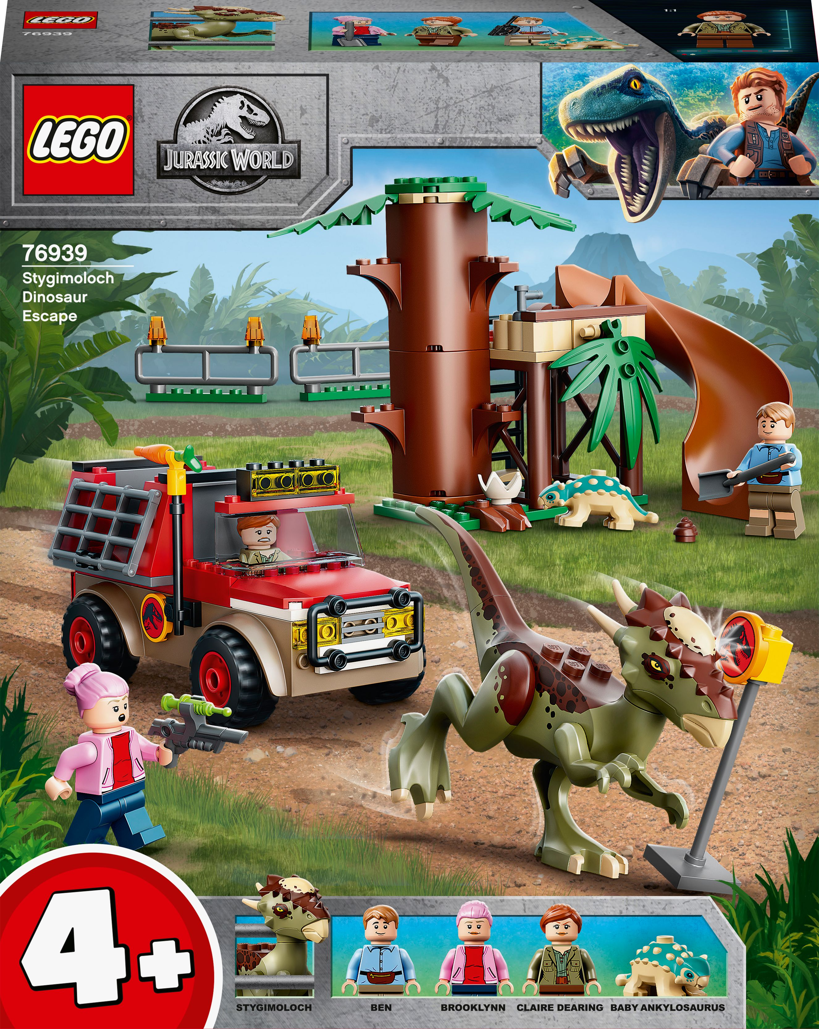 Lego Jurassic World Set mit rotem Jeep, Dinosaurierfiguren und verschiedenen Charakteren.