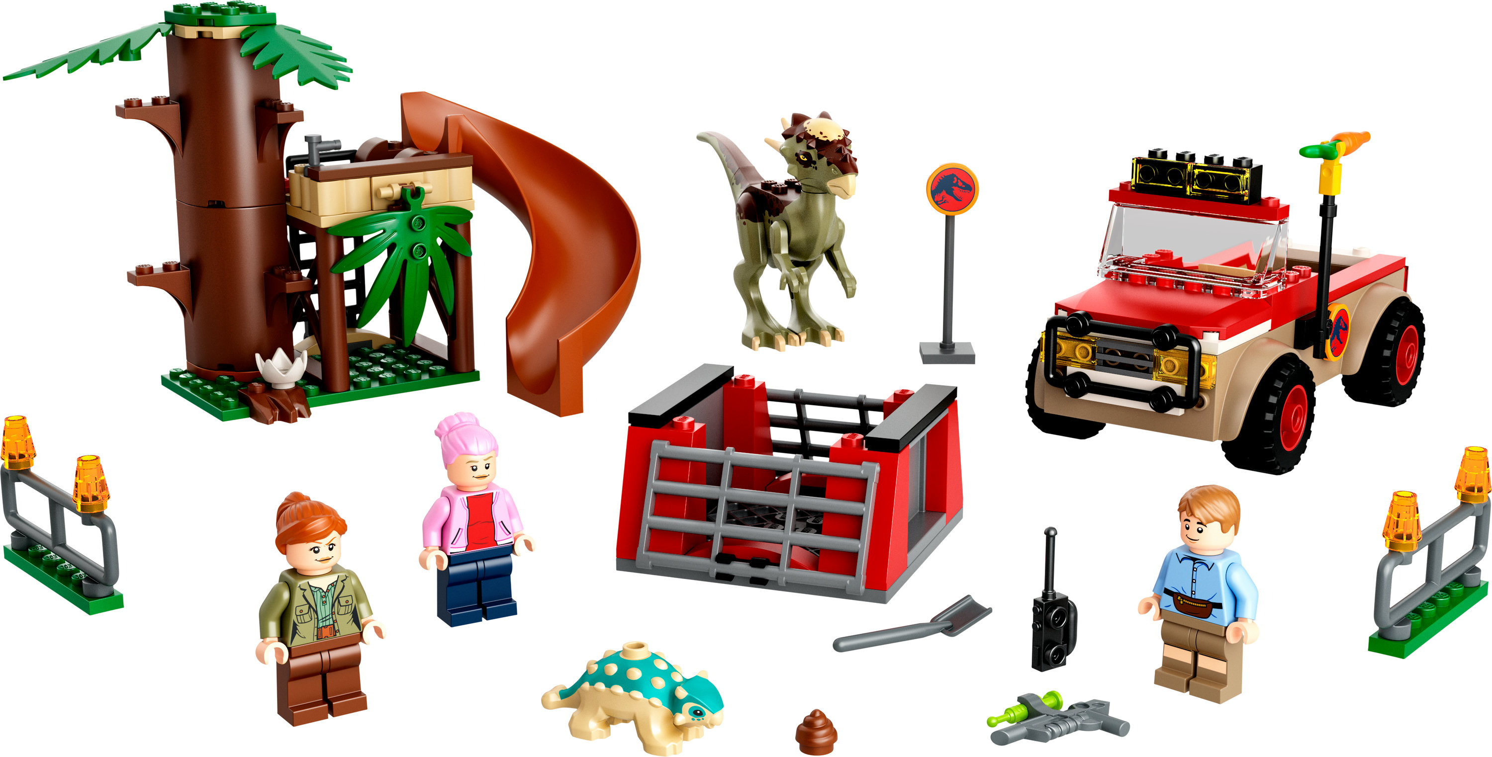 Lego Jurassic World Set: Dinosaurier, Figuren, Baumhaus, Auto und Käfig mit Zubehör.