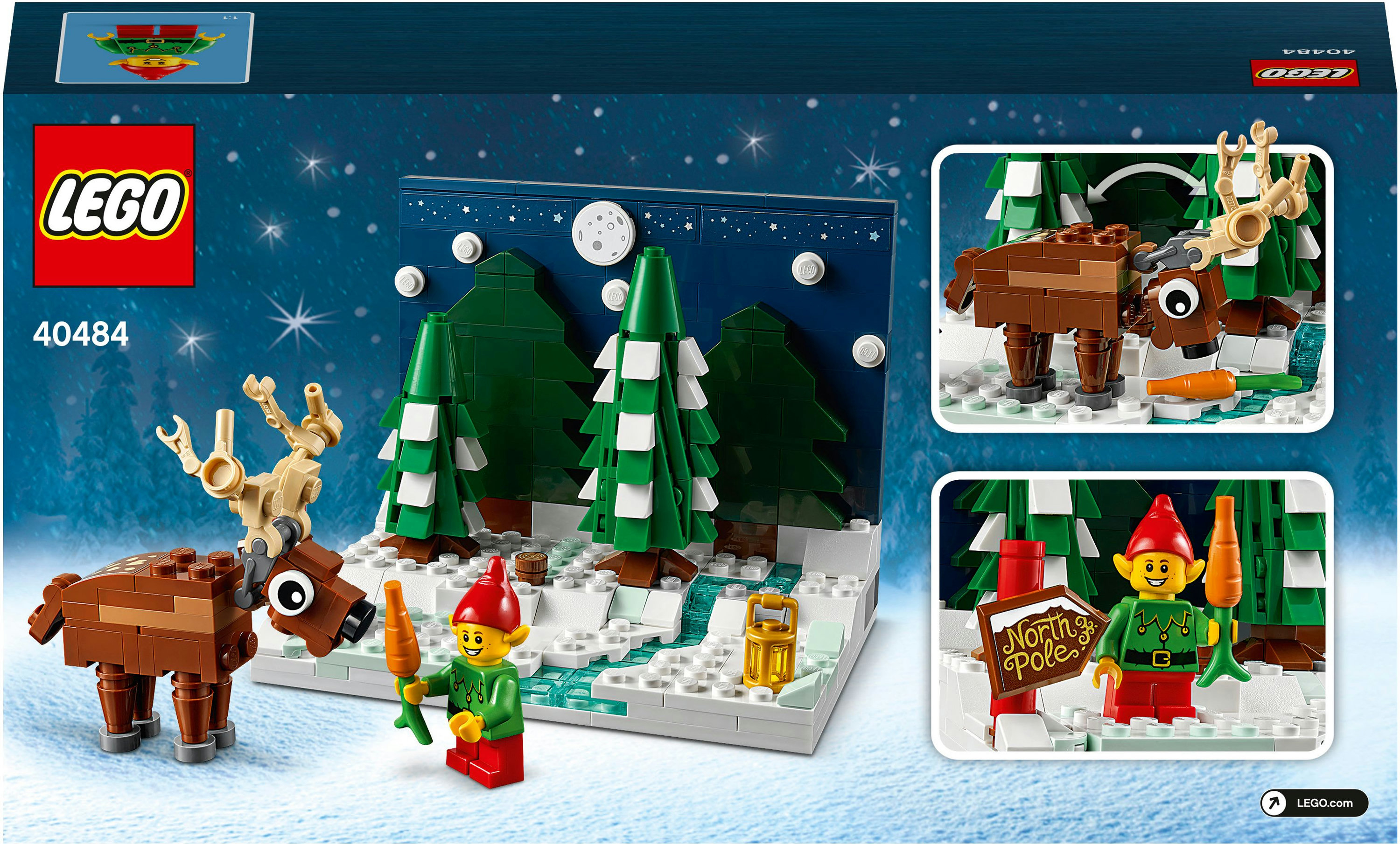 Set LEGO con renne, elfo e cartello del Polo Nord, su un paesaggio innevato.