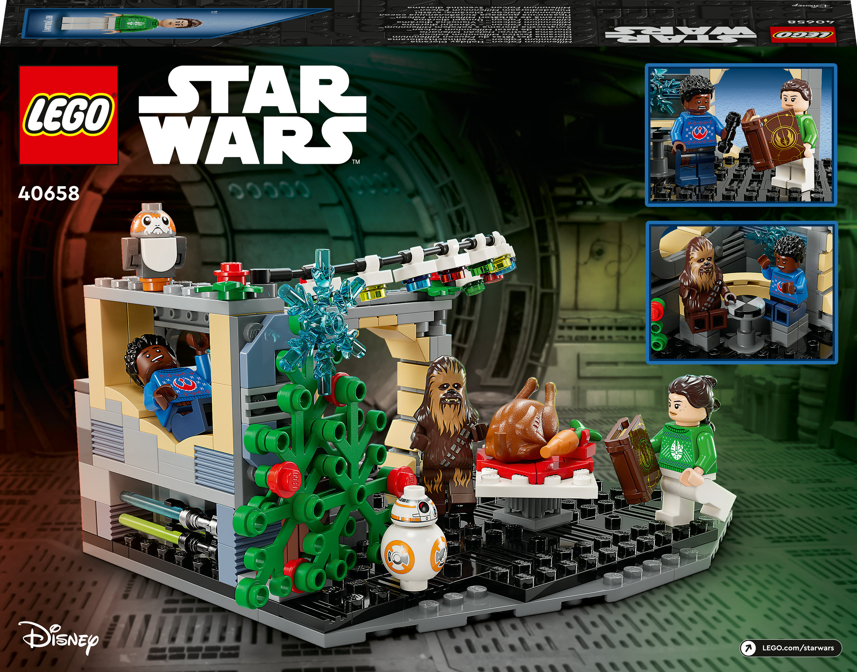 Zestaw Lego Star Wars z motywem świątecznym, z postaciami i dekoracjami.