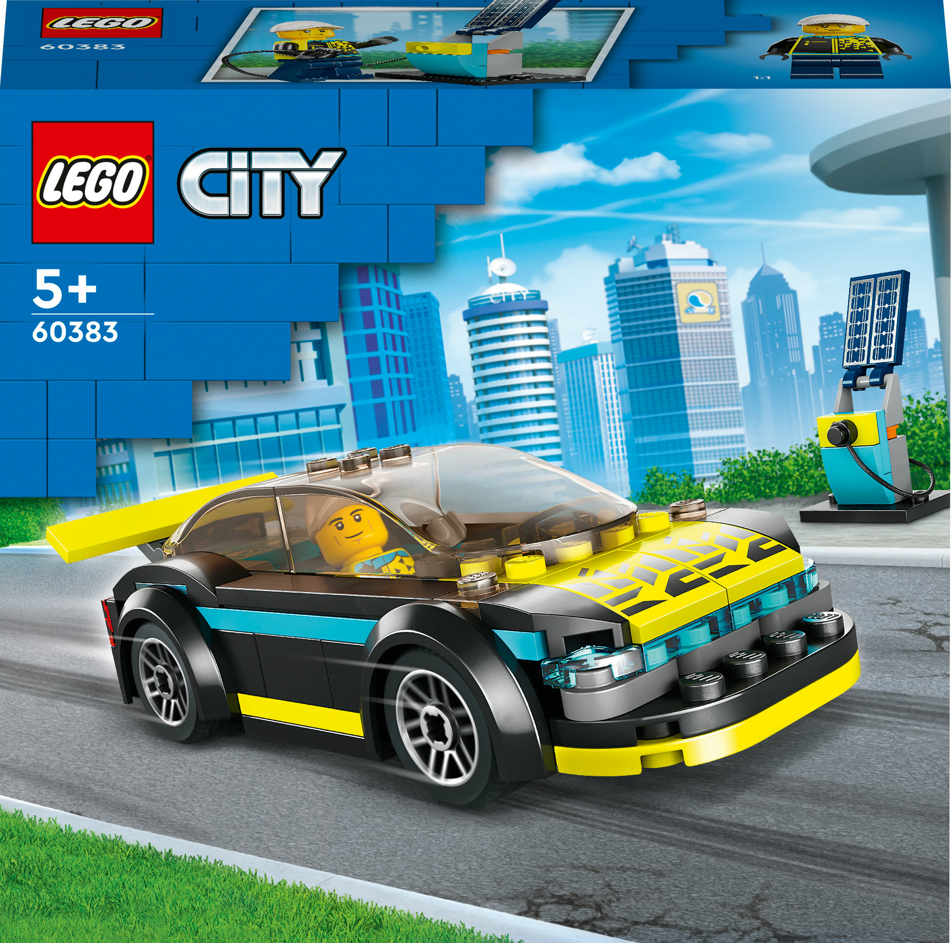 Lego City araba seti. Kutuda bir sürücü figürü ile siyah ve sarı bir yarış arabası yer alıyor.