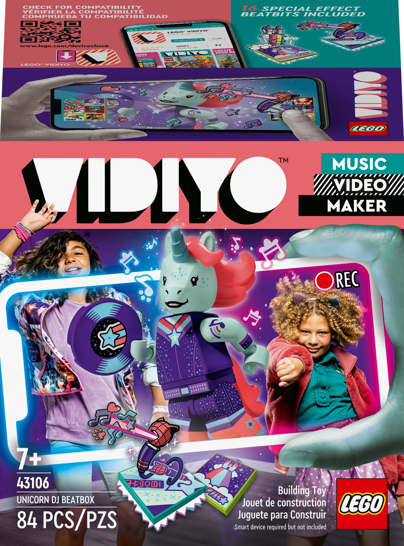 Pudełko Lego Vidiyo Unicorn DJ Beatbox. Ręce dziecka trzymają telefon. Z przodu figurka jednorożca.