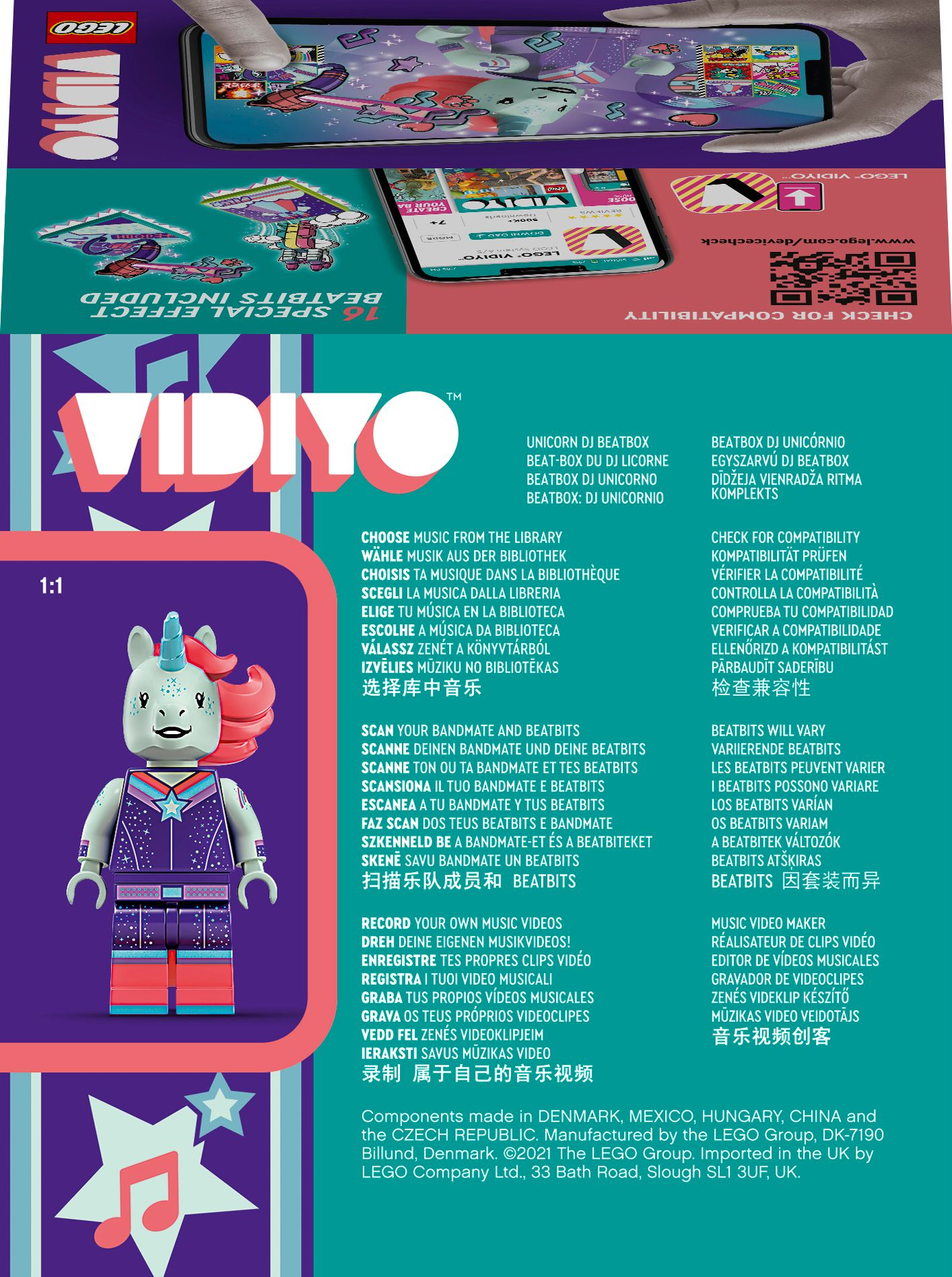 Zestaw Lego Vidiyo: Jednorożec, smartfon i tekst. Kolorowe pudełko z instrukcjami.