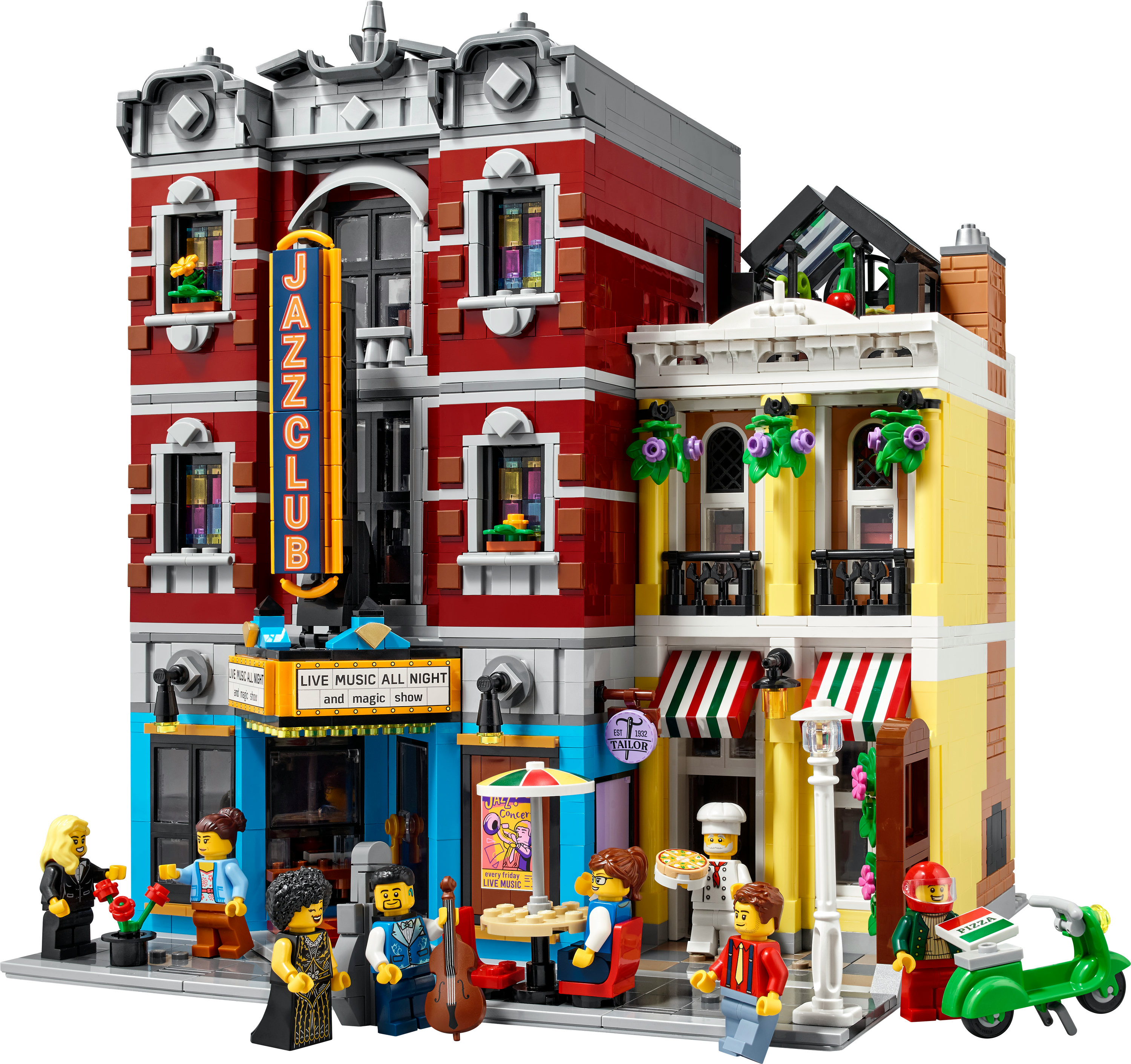 Zestaw Lego, Jazz Club z figurkami i pizzeria. Figurki obejmują muzyków, klientów i szefa kuchni.
