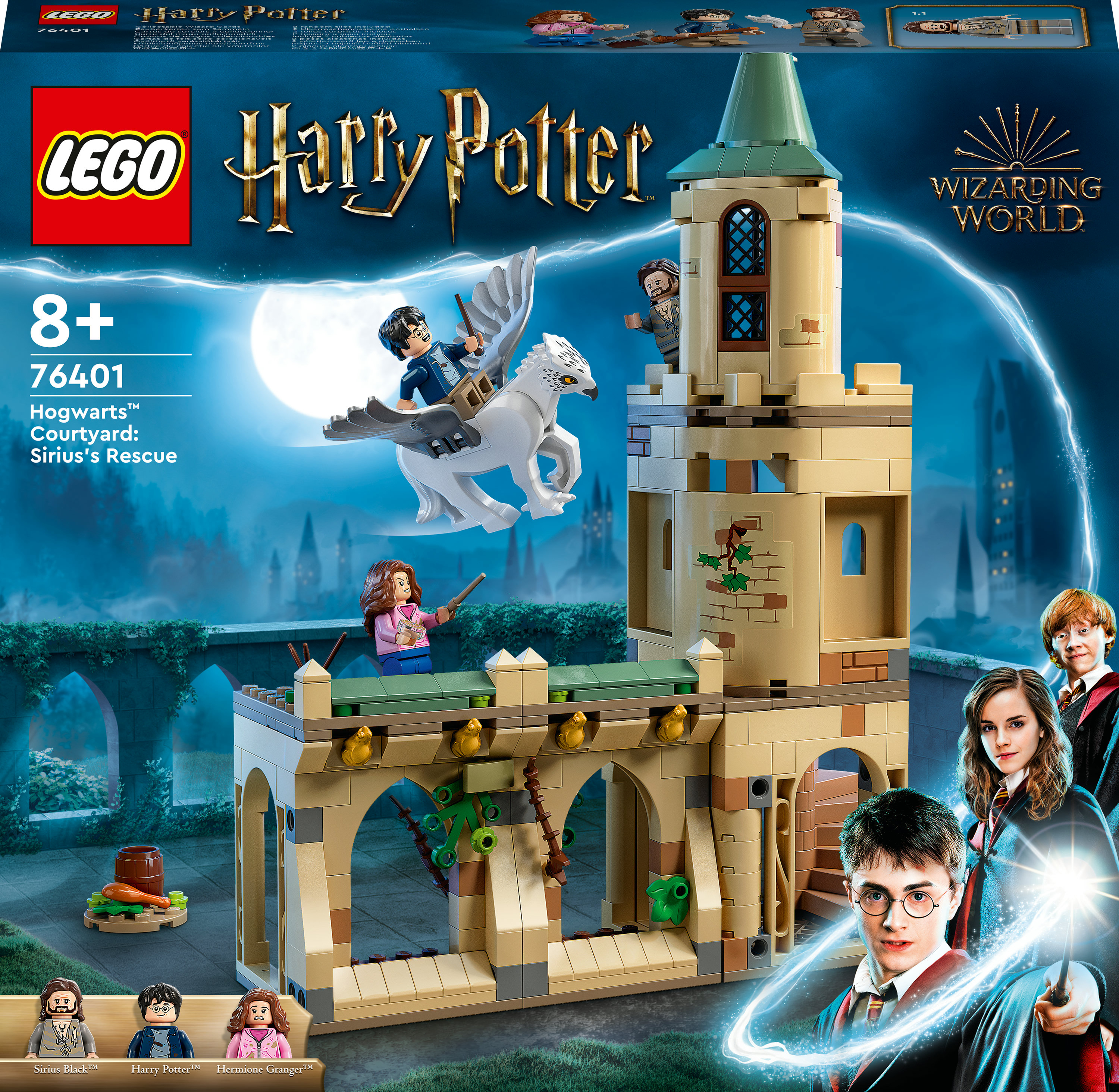Een Lego Harry Potter set van Hogwarts met figuren waaronder Harry, Hermelien en Sirius.