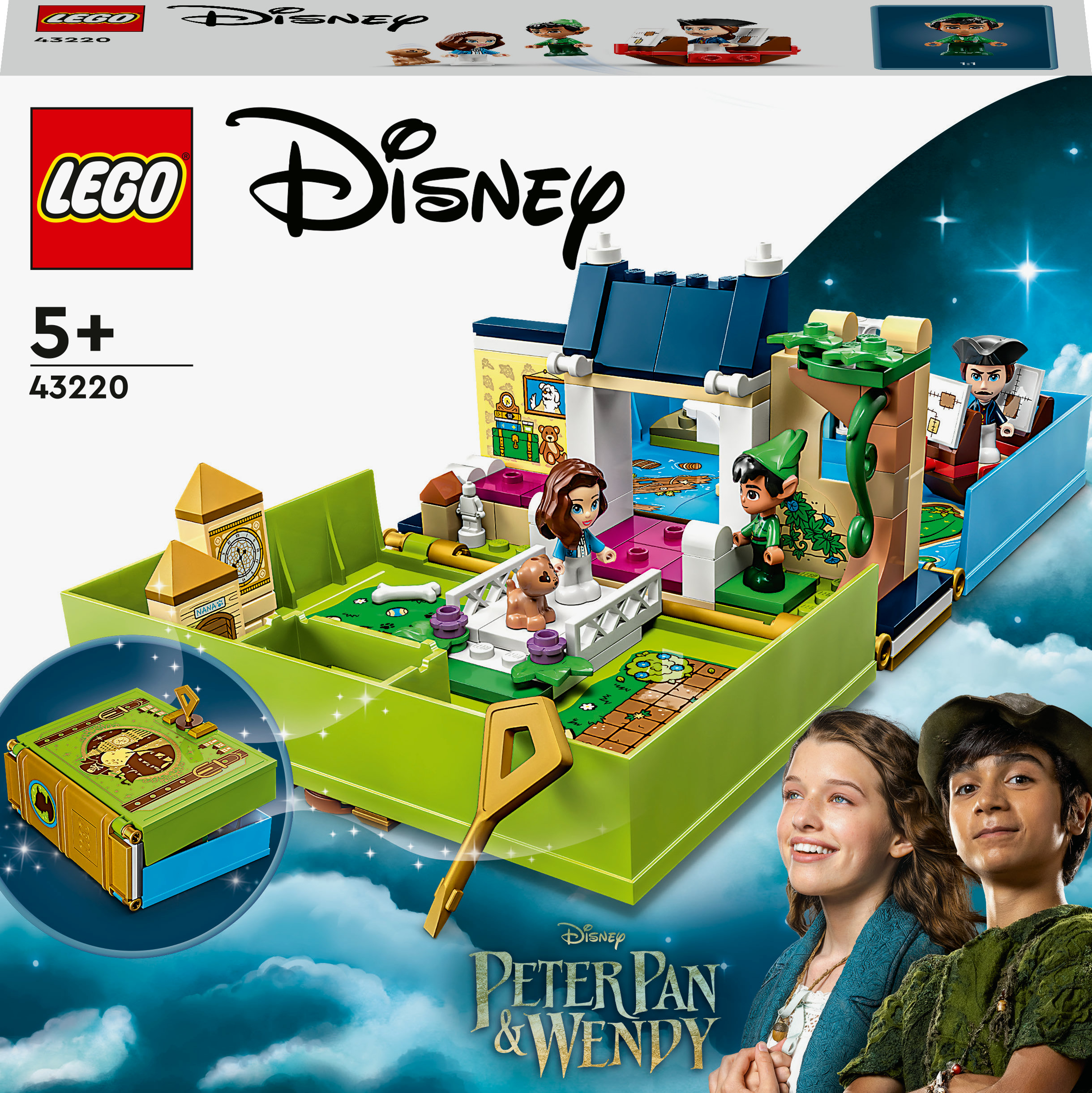 Een Lego Disney Peter Pan & Wendy set, met figuren en een doos met een sleutel.