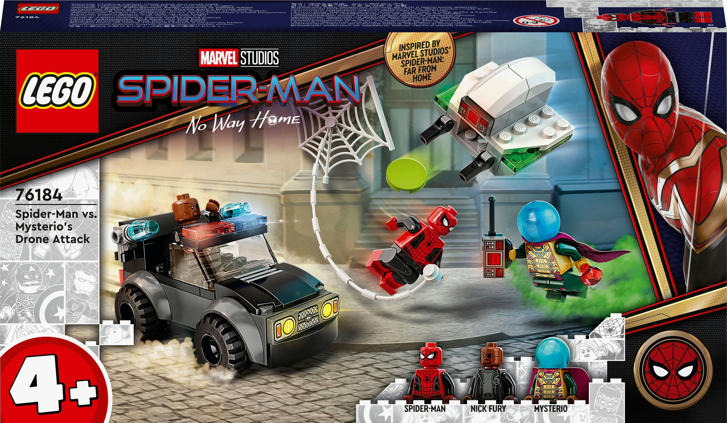 Lego-Box für Spider-Man vs. Mysterios Drohnenangriff. Die Box zeigt Spider-Man und andere Figuren.