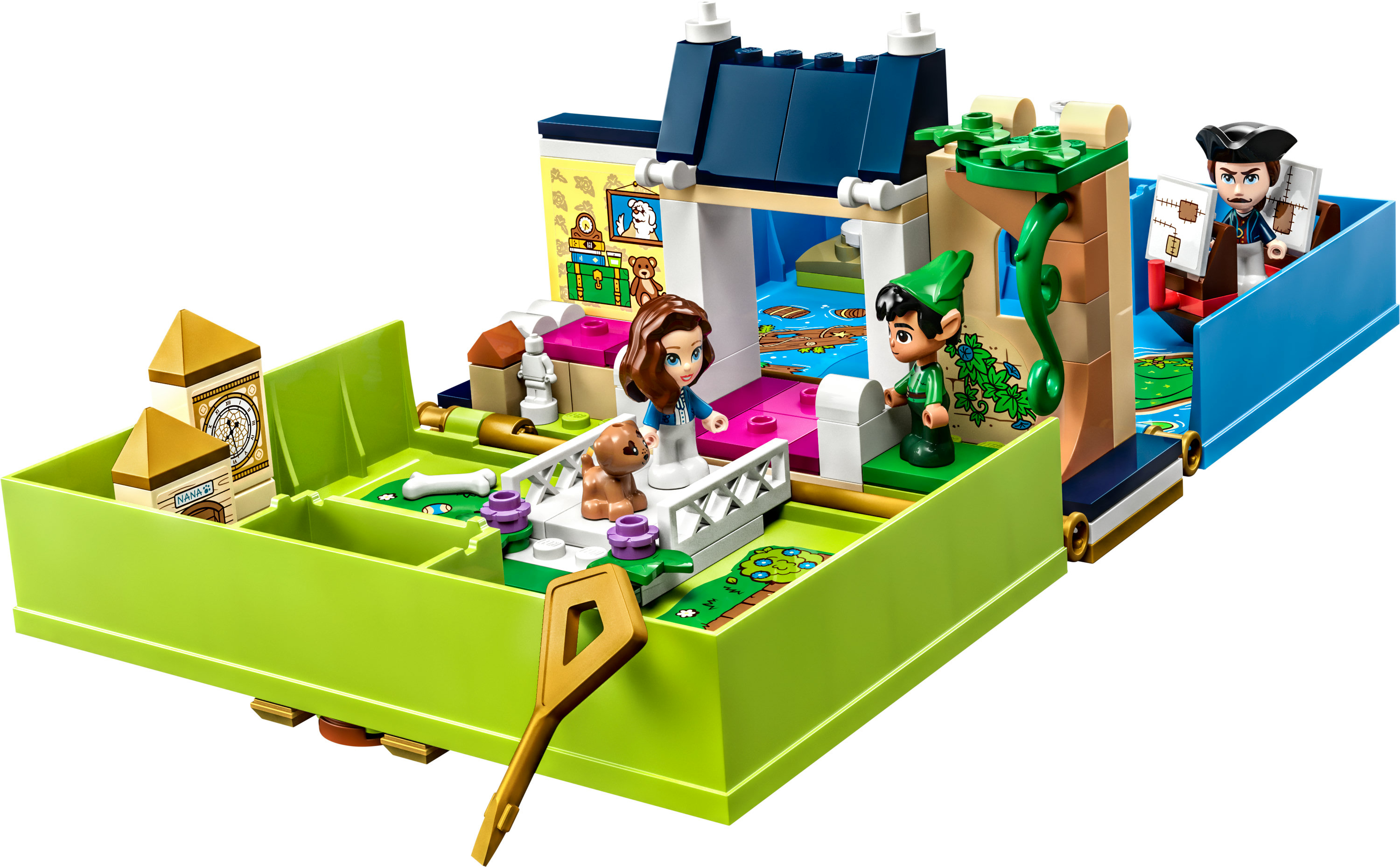Lego Disney set met figuren van Peter Pan, Wendy en Kapitein Haak.