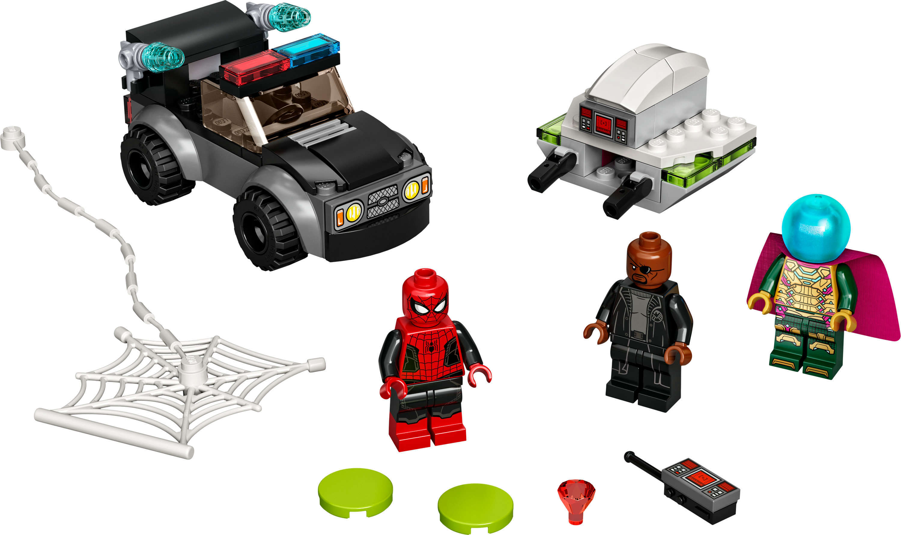 Lego-Set mit Spider-Man, Mysterio, einem Polizeiauto und anderen Figuren und Zubehör.