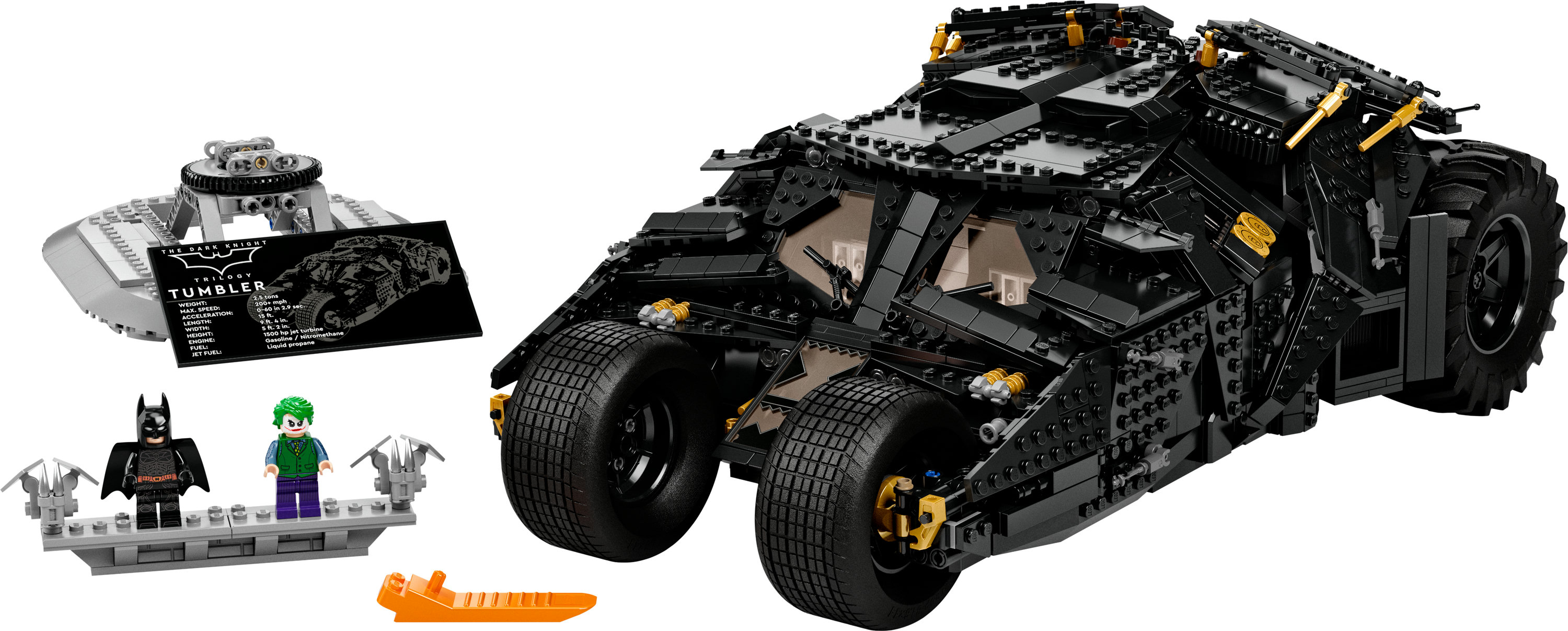 Zestaw modelu Lego Batman Tumbler z minifigurkami Batmana i Jokera oraz kartą informacyjną.