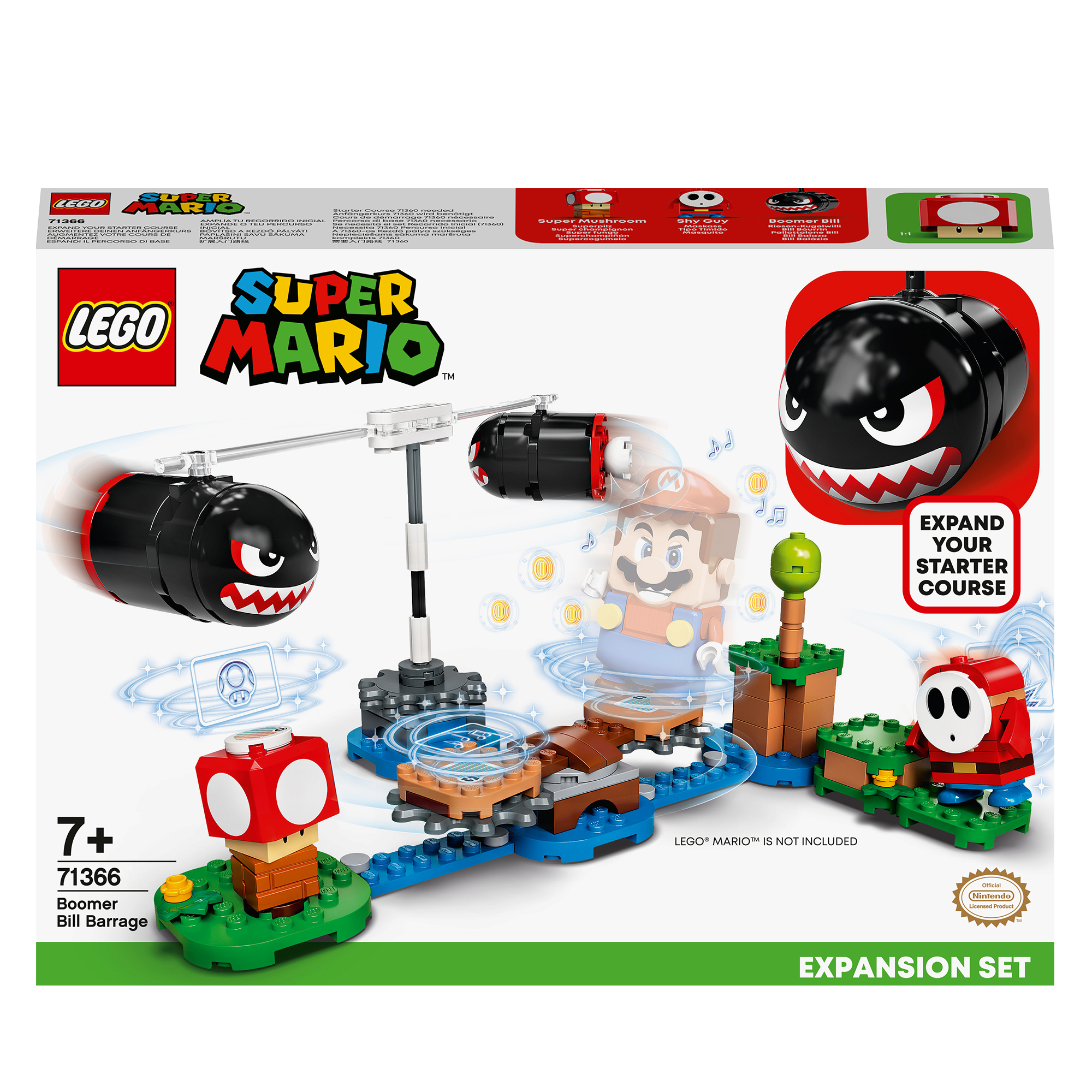 Set Lego Super Mario con personaggi, un fungo e un proiettile nero. Presenta un percorso.