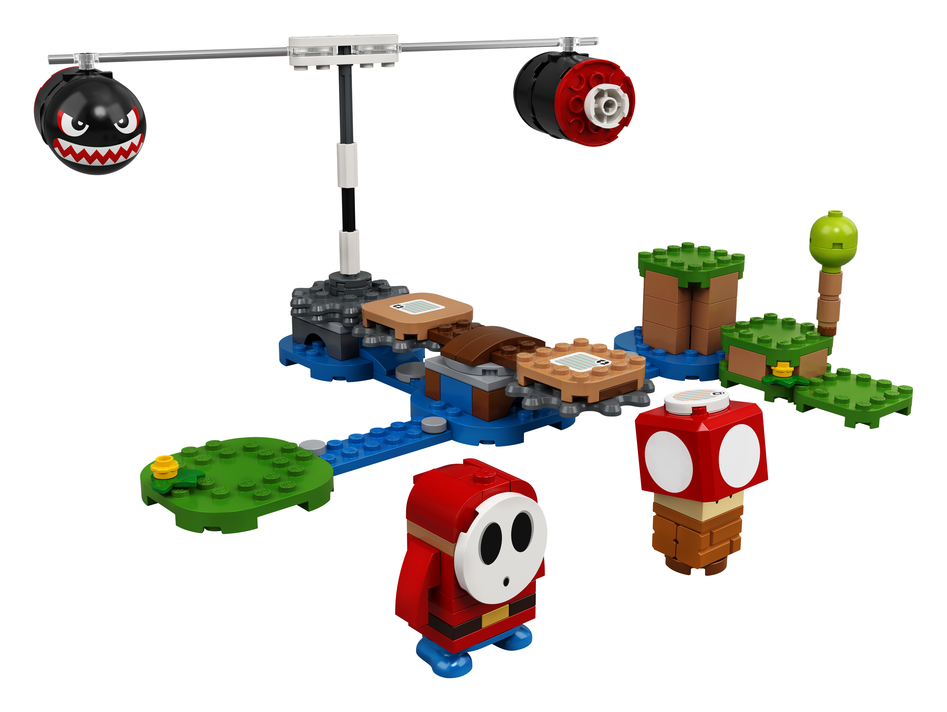 Set Lego Super Mario. Include un Shy Guy e un fungo. Sfera nera con occhi.