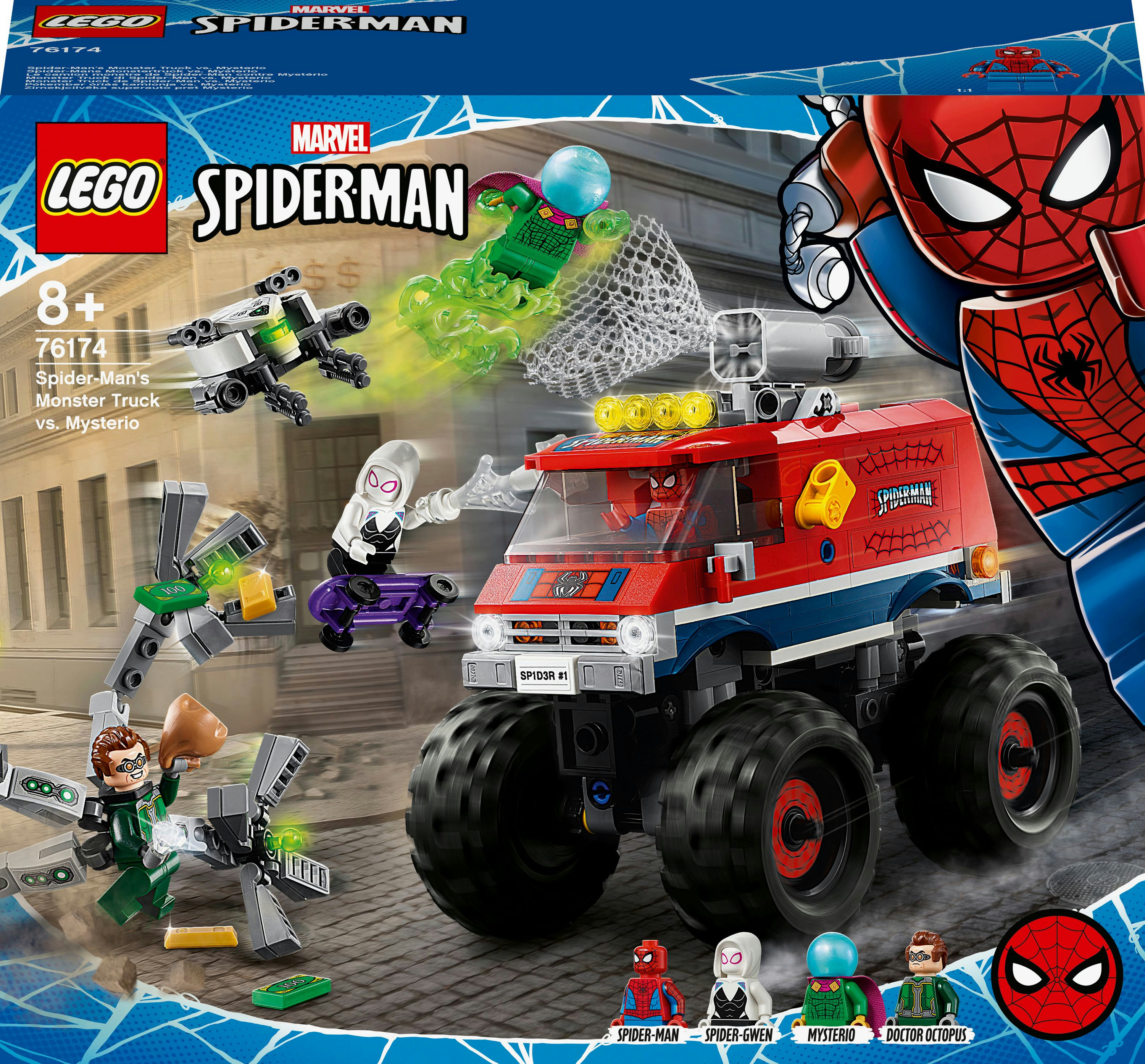 Lego Spiderman-Set mit Spiderman auf einem Truck, der gegen Schurken kämpft, enthält Figuren und Netzelemente.