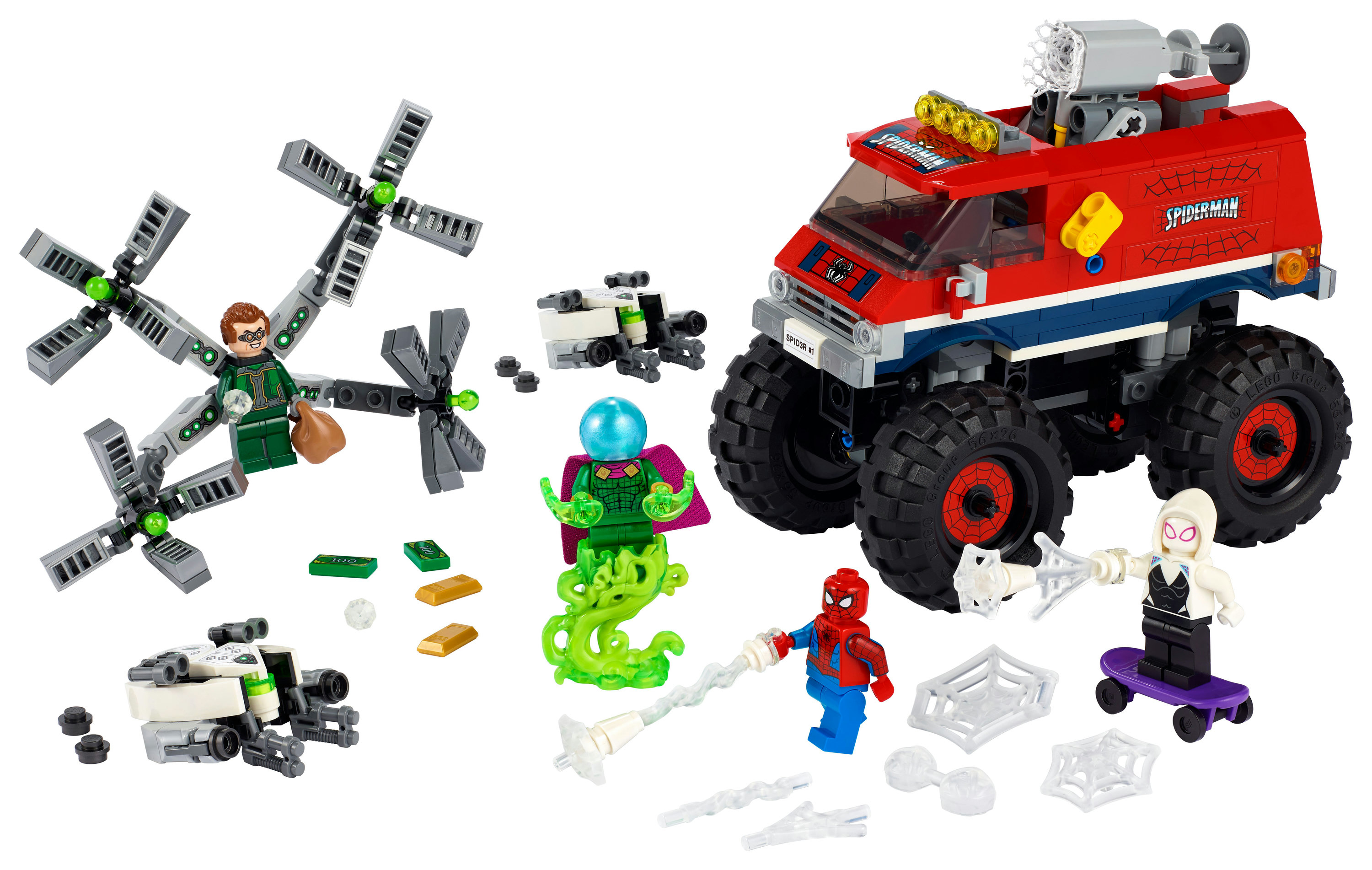 Ein LEGO Spider-Man Set mit mehreren Figuren, einschließlich Spider-Man, und einem LKW.